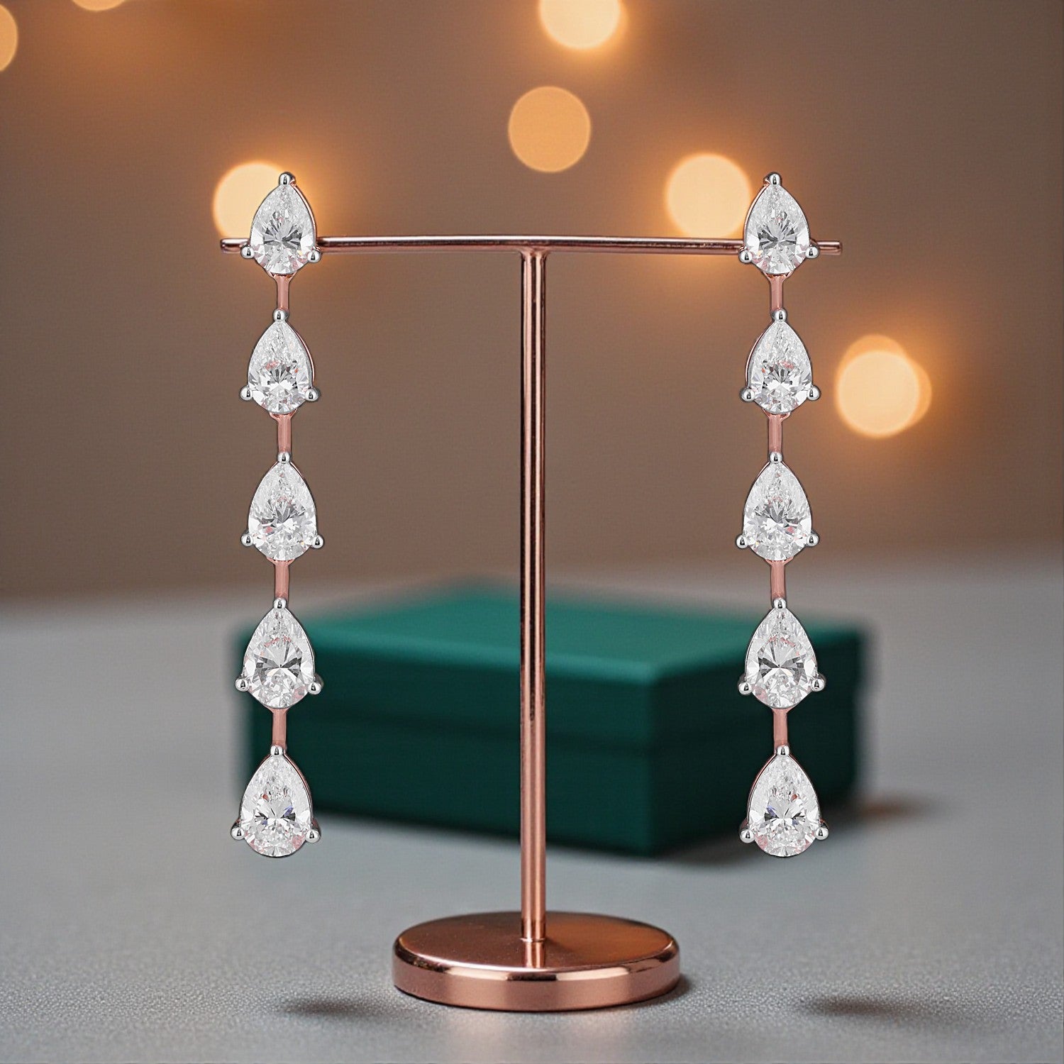 Lab-Grown Pear Diamond Linear Drop Earrings in 18K Rose Gold | SKU : 0004952930