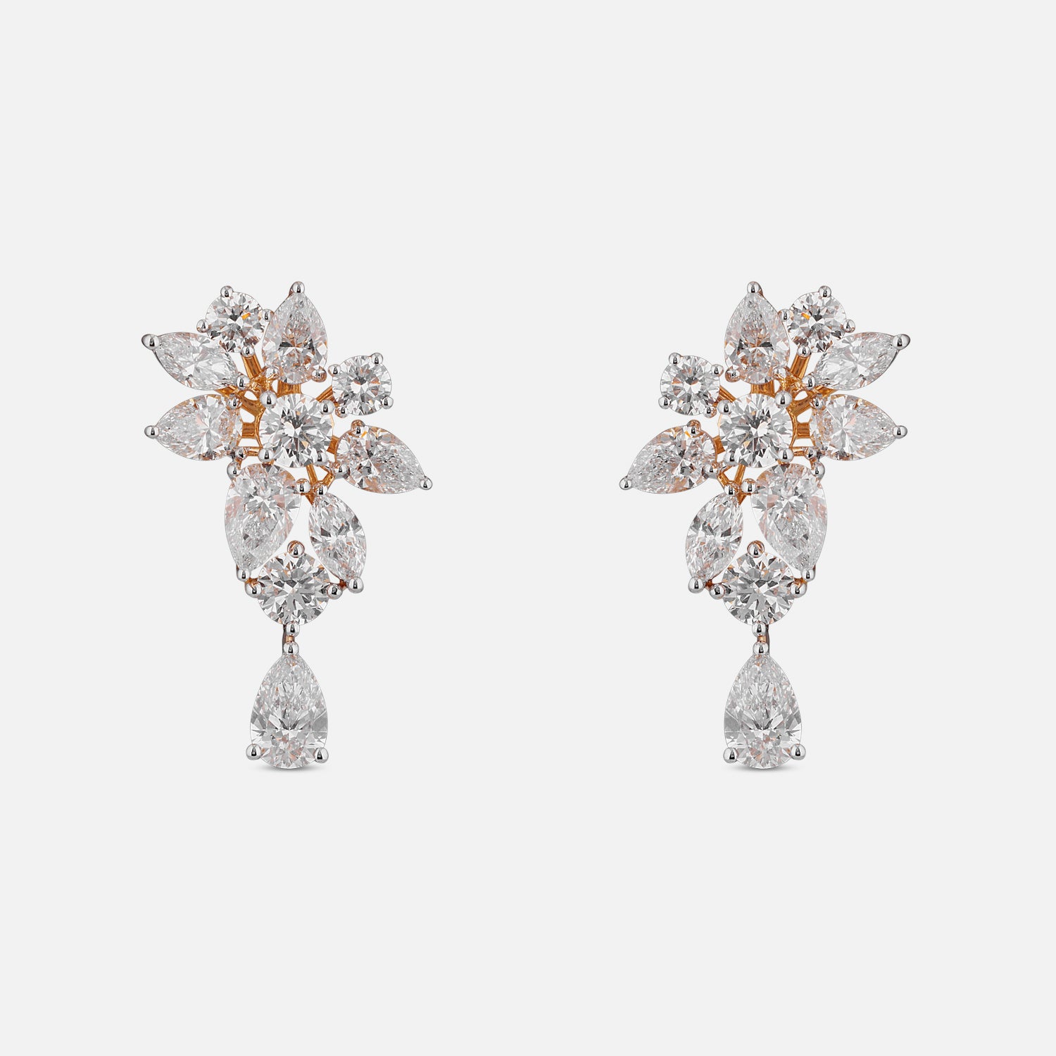 Lab-Grown Floral Cluster and Pear Diamond Earrings in 18K Yellow Gold | SKU : 0004953166