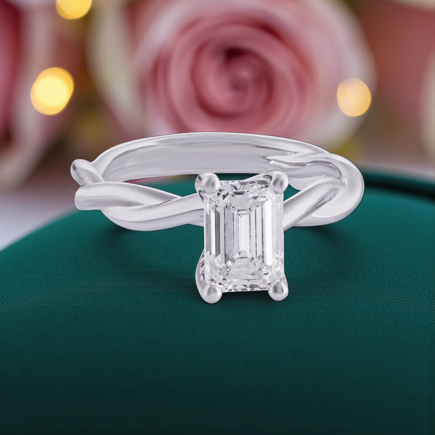 Aurelia Twisted Band Lab Grown Emerald-Cut Diamond Ring in White Gold | SKU : 0004953265