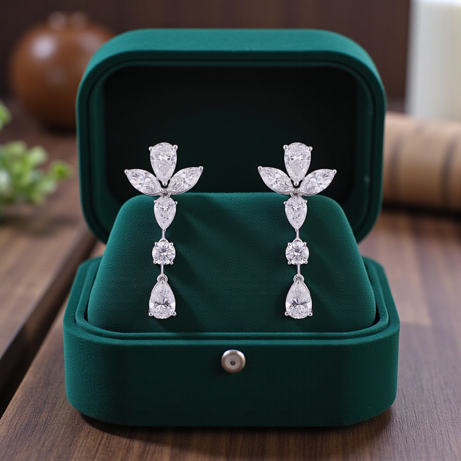 Lab-Grown Marquise and Pear Diamond Floral Drop Earrings in 18K White Gold | SKU : 0004953722