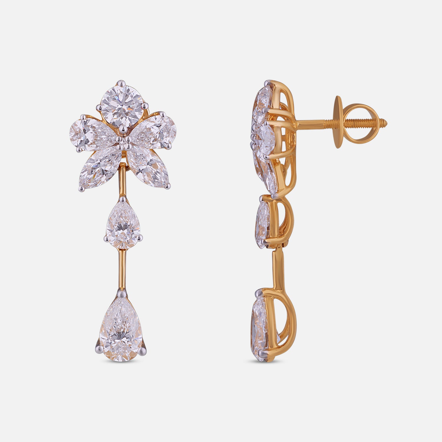Lab-Grown Floral Cluster and Pear Diamond Drop Earrings in 18K Yellow Gold | SKU : 0004953746