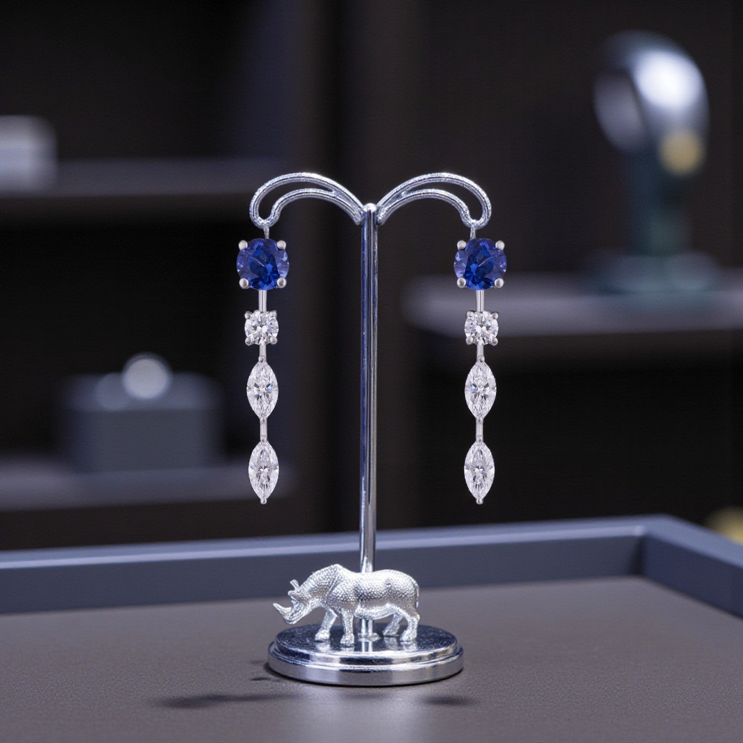 Lab-Grown Diamond and Sapphire Linear Drop Earrings in 18K White Gold | SKU : 0004953869