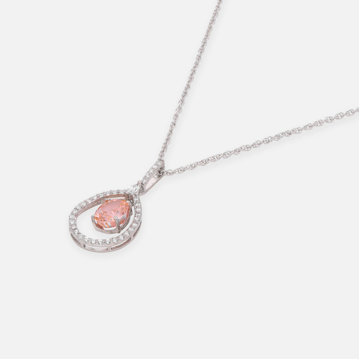Sterling Silver Peach CZ Teardrop Halo Pendant with Chain | SKU: 0022628213, 0005749812, 0022628206