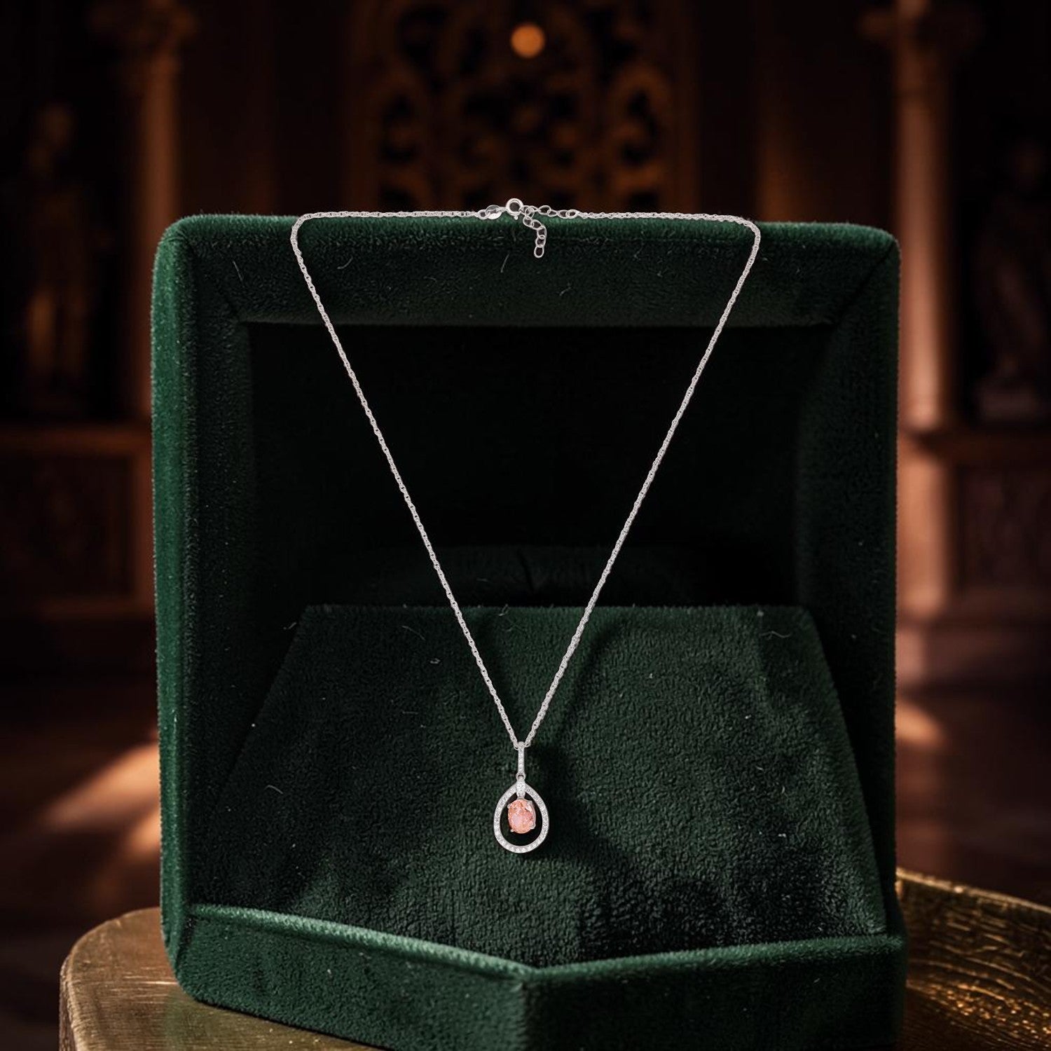 Sterling Silver Peach CZ Teardrop Halo Pendant with Chain | SKU: 0022628213, 0005749812, 0022628206