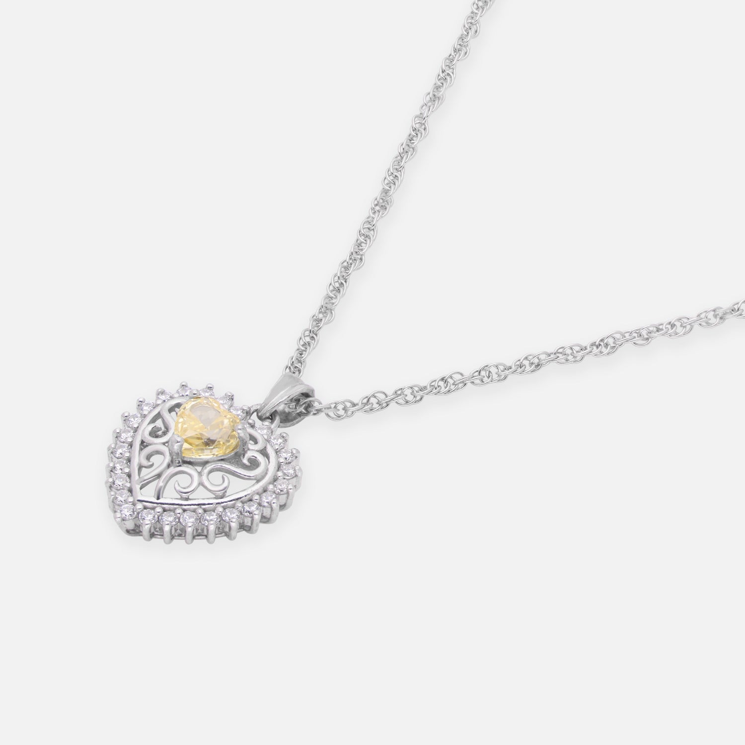 Sterling Silver Yellow CZ Heart Filigree Pendant with Chain | SKU: 0022628237, 0022628251, 0005757183