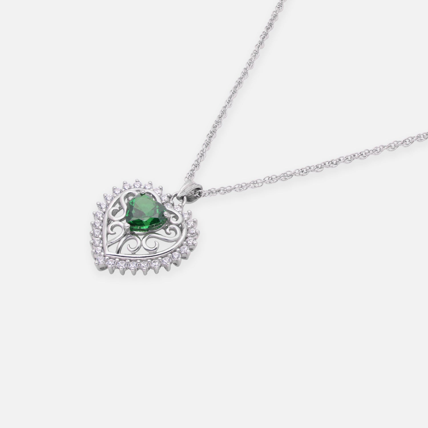 Sterling Silver Green Cubic Zirconia Heart Pendant Necklace | SKU: 0022628282, 0005757268