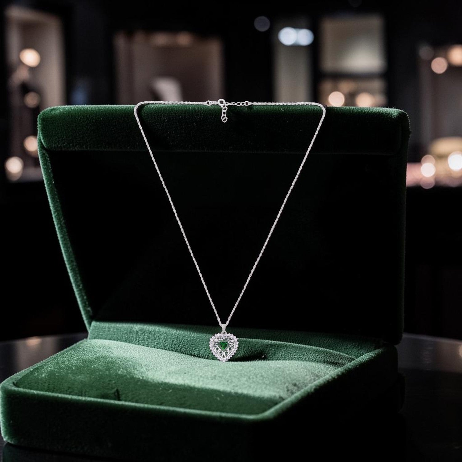 Sterling Silver Green Cubic Zirconia Heart Pendant Necklace | SKU: 0022628282, 0005757268