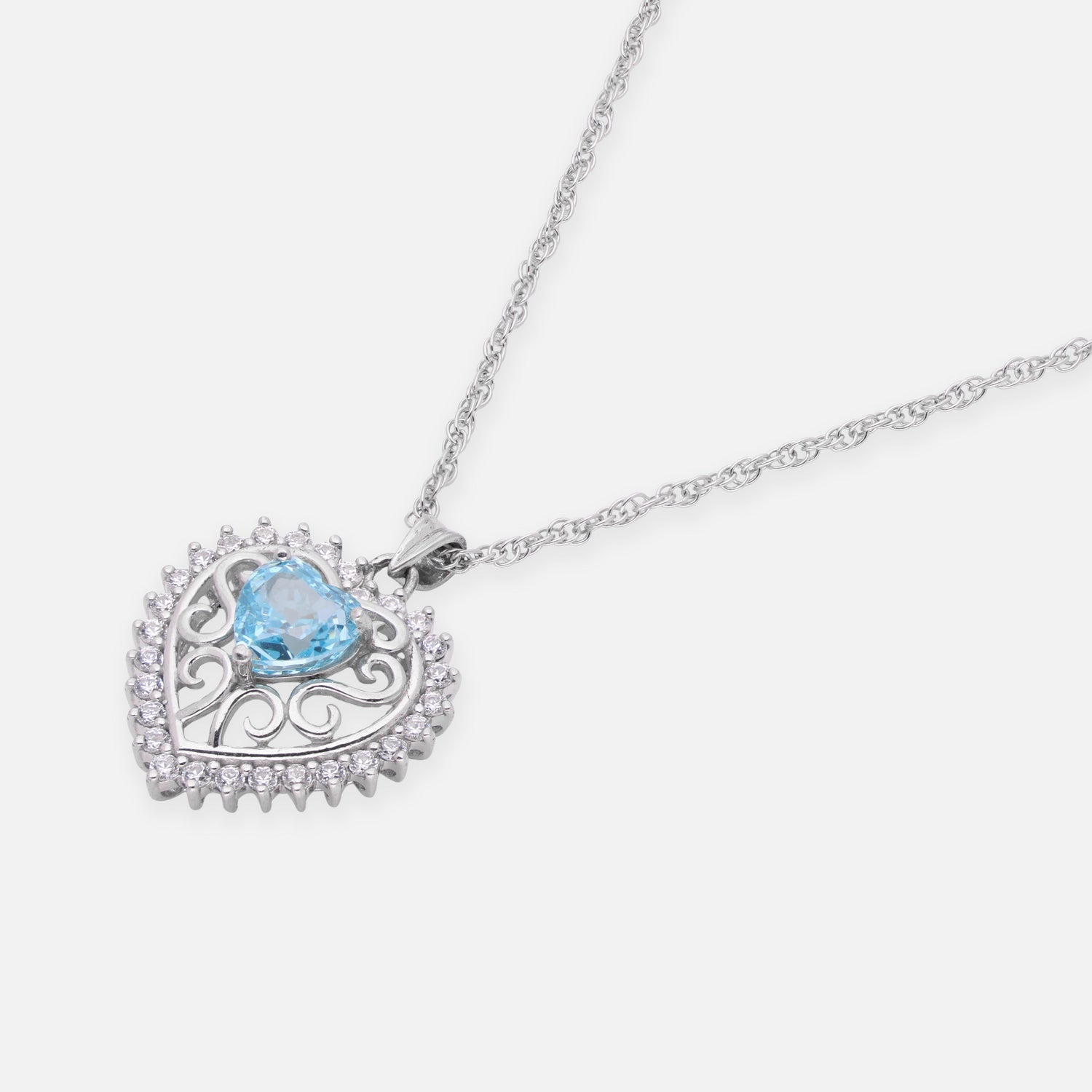 Sterling Silver Sky Blue CZ Heart Filigree Pendant with Chain | SKU: 0022628299, 0005749942