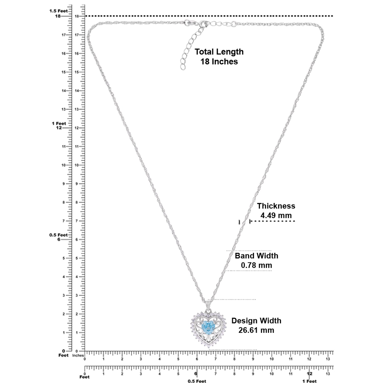 Sterling Silver Sky Blue CZ Heart Filigree Pendant with Chain | SKU: 0022628299, 0005749942