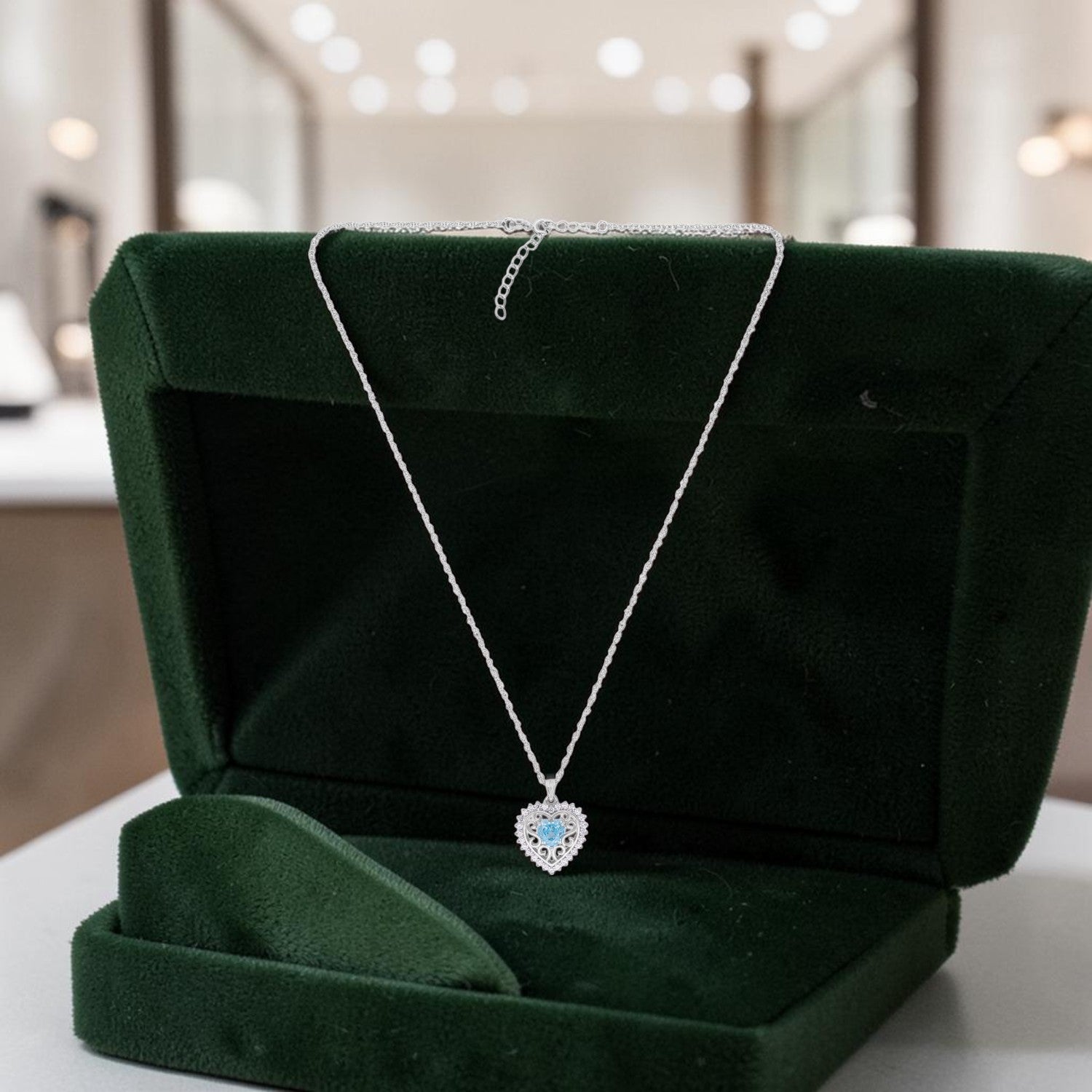 Sterling Silver Sky Blue CZ Heart Filigree Pendant with Chain | SKU: 0022628299, 0005749942