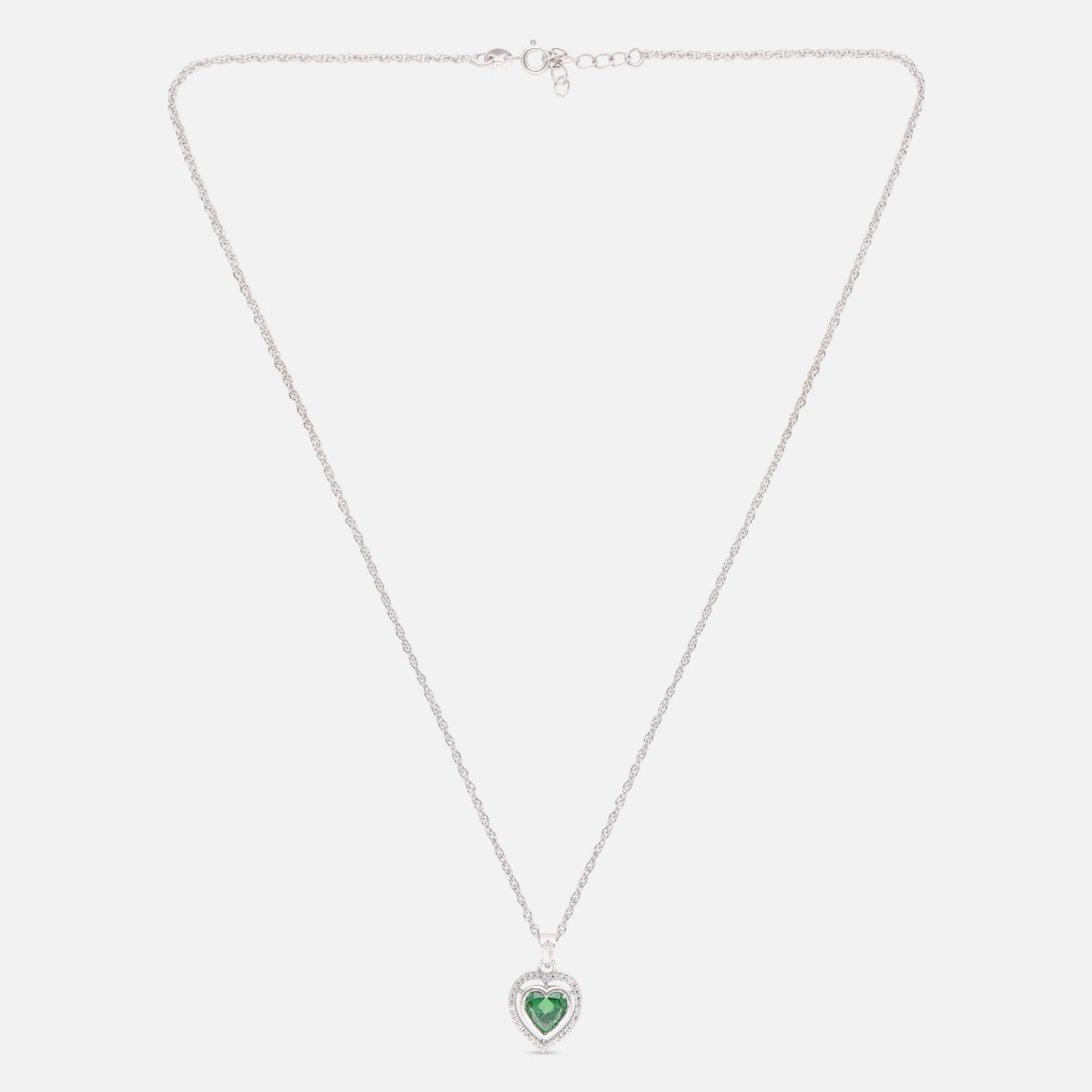 Sterling Silver Green CZ Double Halo Heart Pendant with Chain | SKU: 0022628398, 0005757336, 0005757435