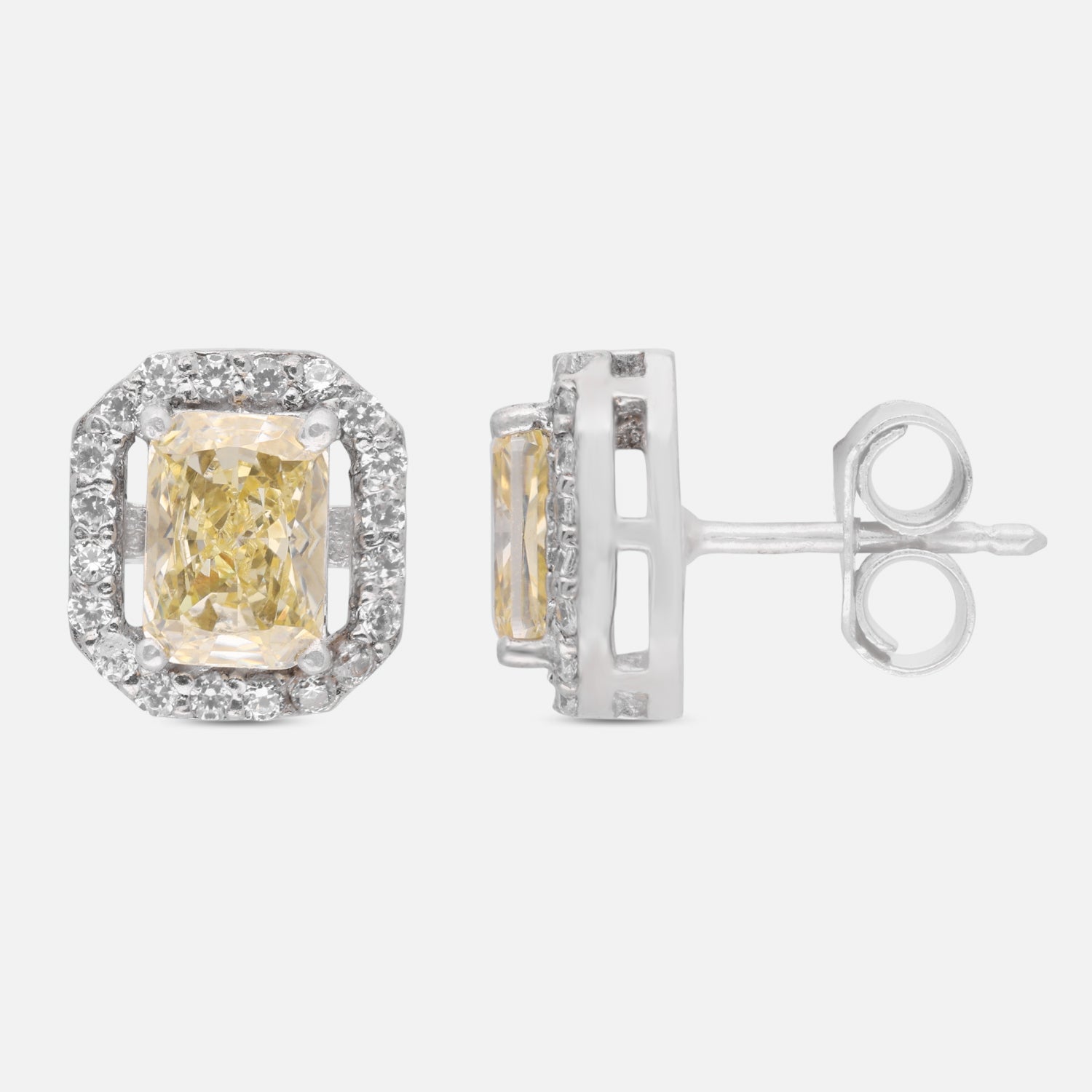 Sterling Silver Champagne Yellow Cushion Cut Halo Stud Earrings | SKU: 0022628497