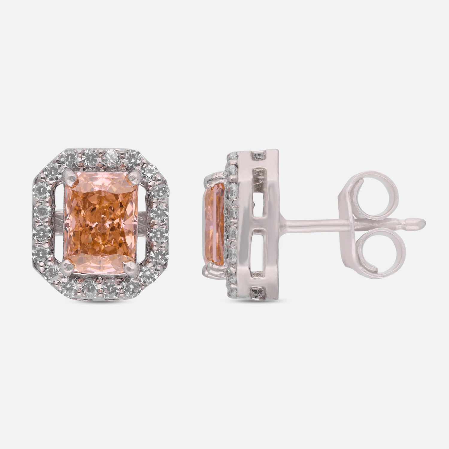 Sterling Silver Peach Cushion Cut Halo Stud Earrings | SKU: 0022628503, 0005750146