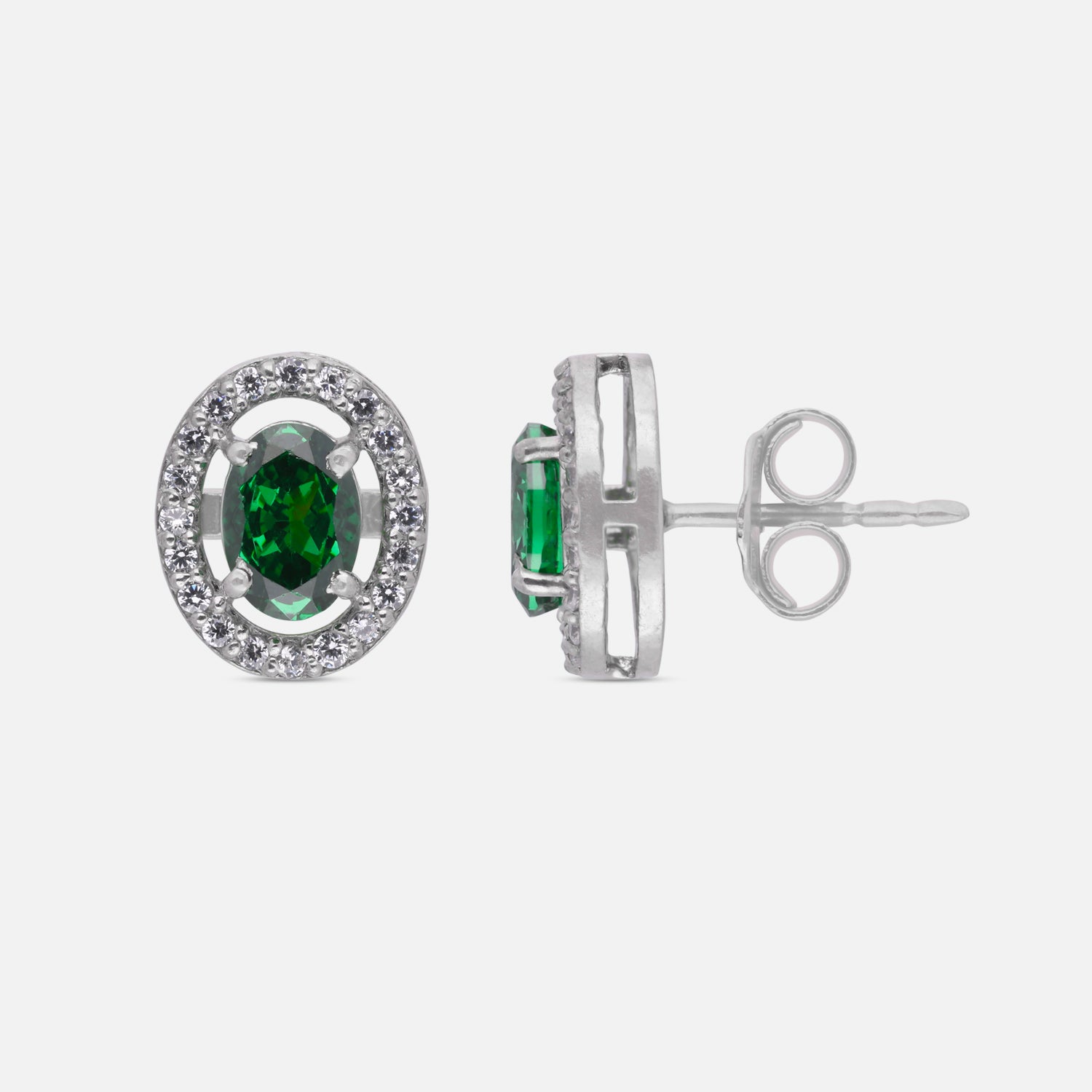 Green Oval Halo Cubic Zirconia Stud Earrings in Sterling Silver | SKU: 0022628510