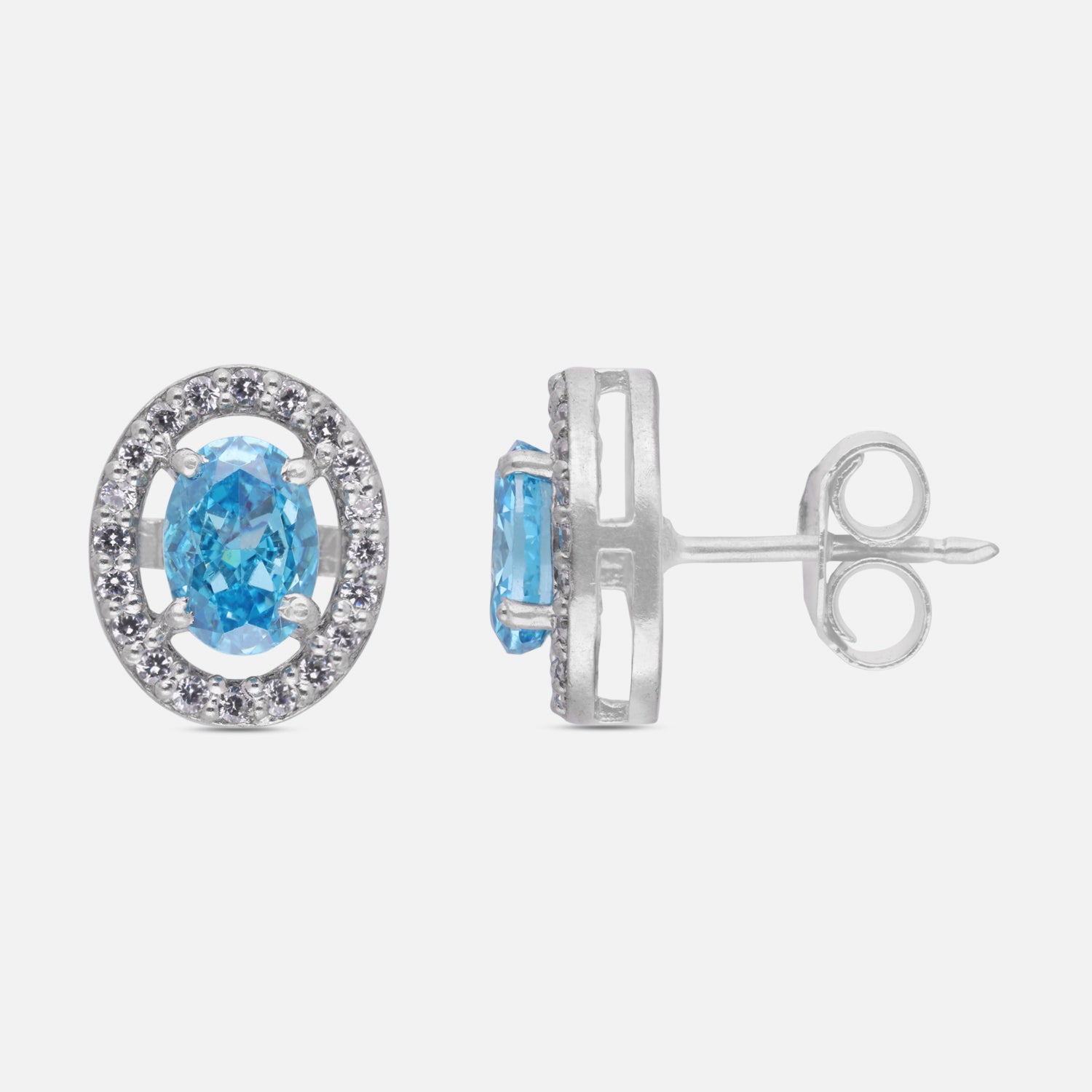Blue Oval Halo Cubic Zirconia Stud Earrings in Sterling Silver | SKU:  0022628527