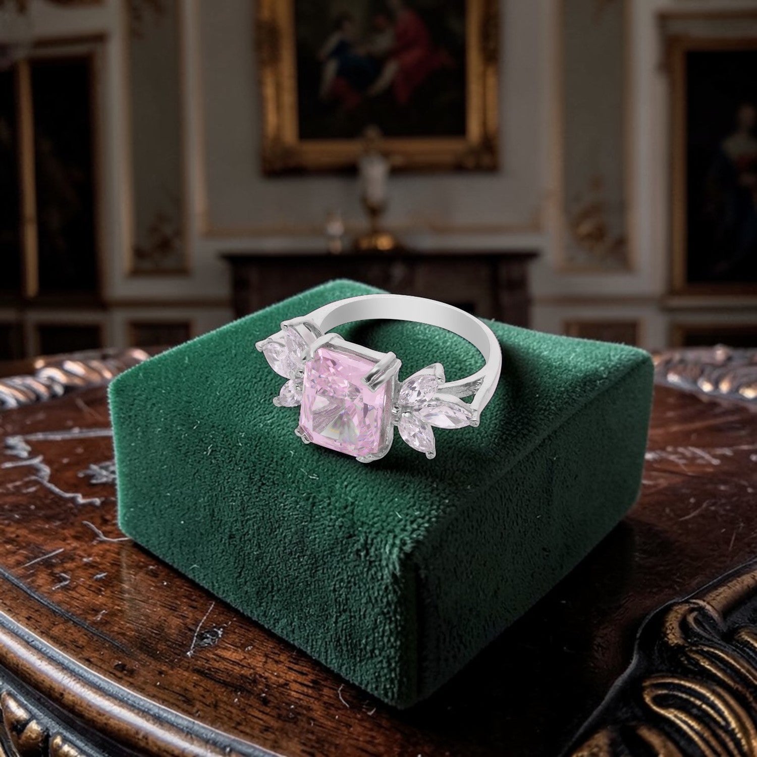 Elegant Sterling Silver Rectangular Pink Cubic Zirconia Ring with Marquise CZ Accents | SKU: 0022628916, 0022628930