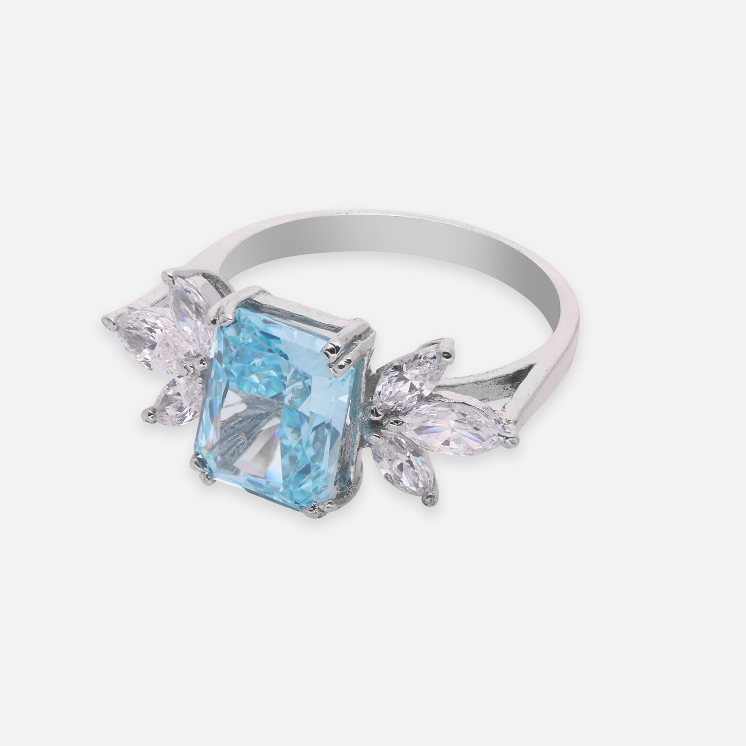 Elegant Sterling Silver Rectangular Blue Cubic Zirconia Ring with Marquise CZ Accents | SKU: 0022628923, 0005757992, 0005758005