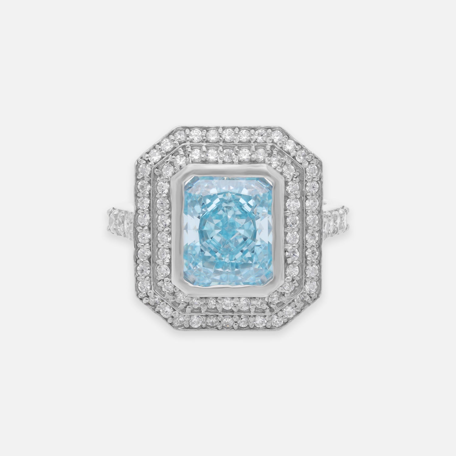 Sterling Silver Sky Blue CZ Octagon Halo Statement Ring | SKU: 0022629043, 0005758074