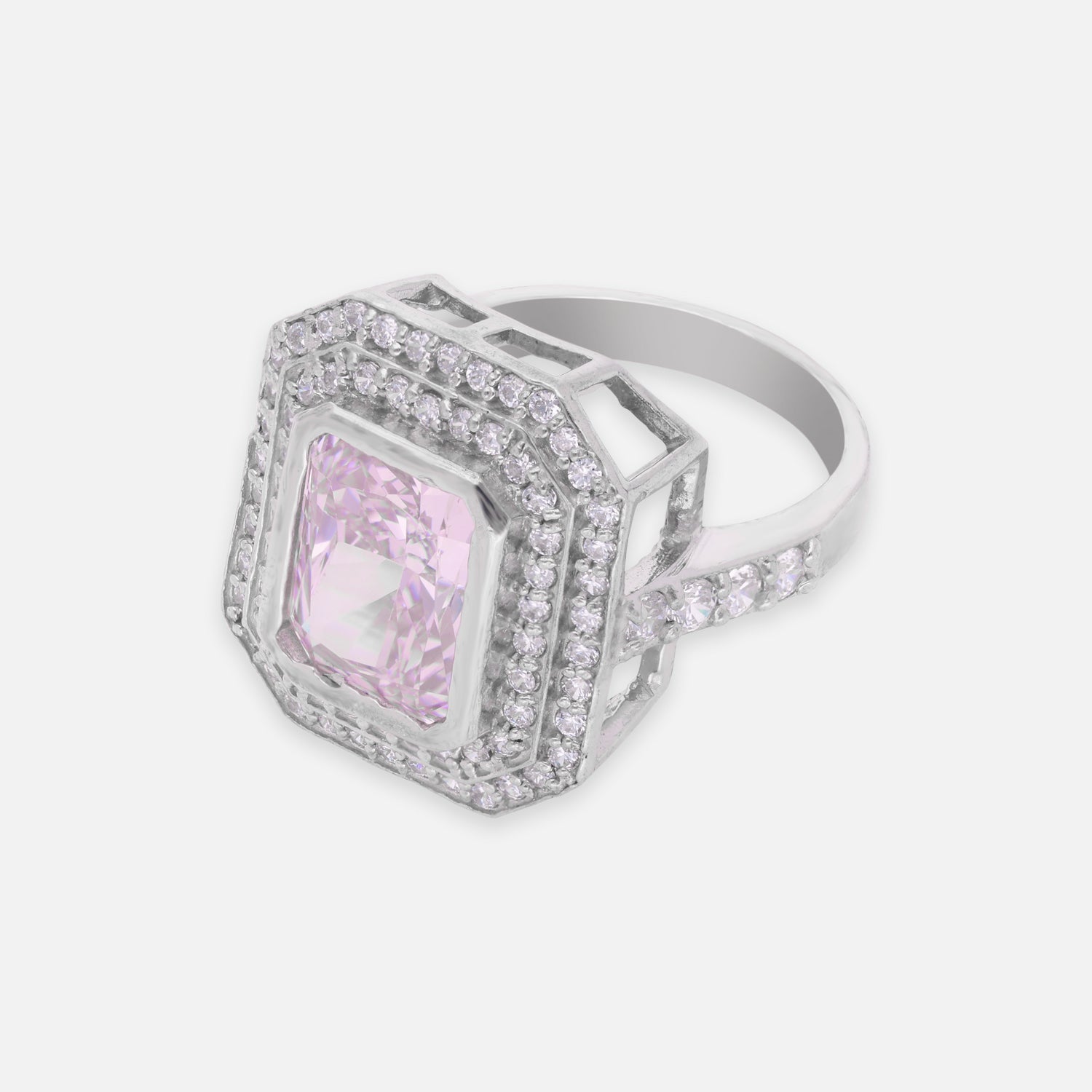 Elegant Sterling Silver Octagonal Halo Ring with Pink Cubic Zirconia & CZ Accents | SKU: 0022629050, 0005750665, 0005758050