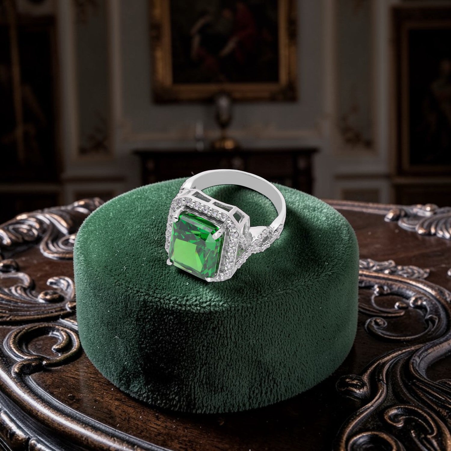 Sterling Silver Green Cushion Cut Cubic Zirconia Halo Statement Ring | SKU: 0022629128, 0005750719, 0005748143