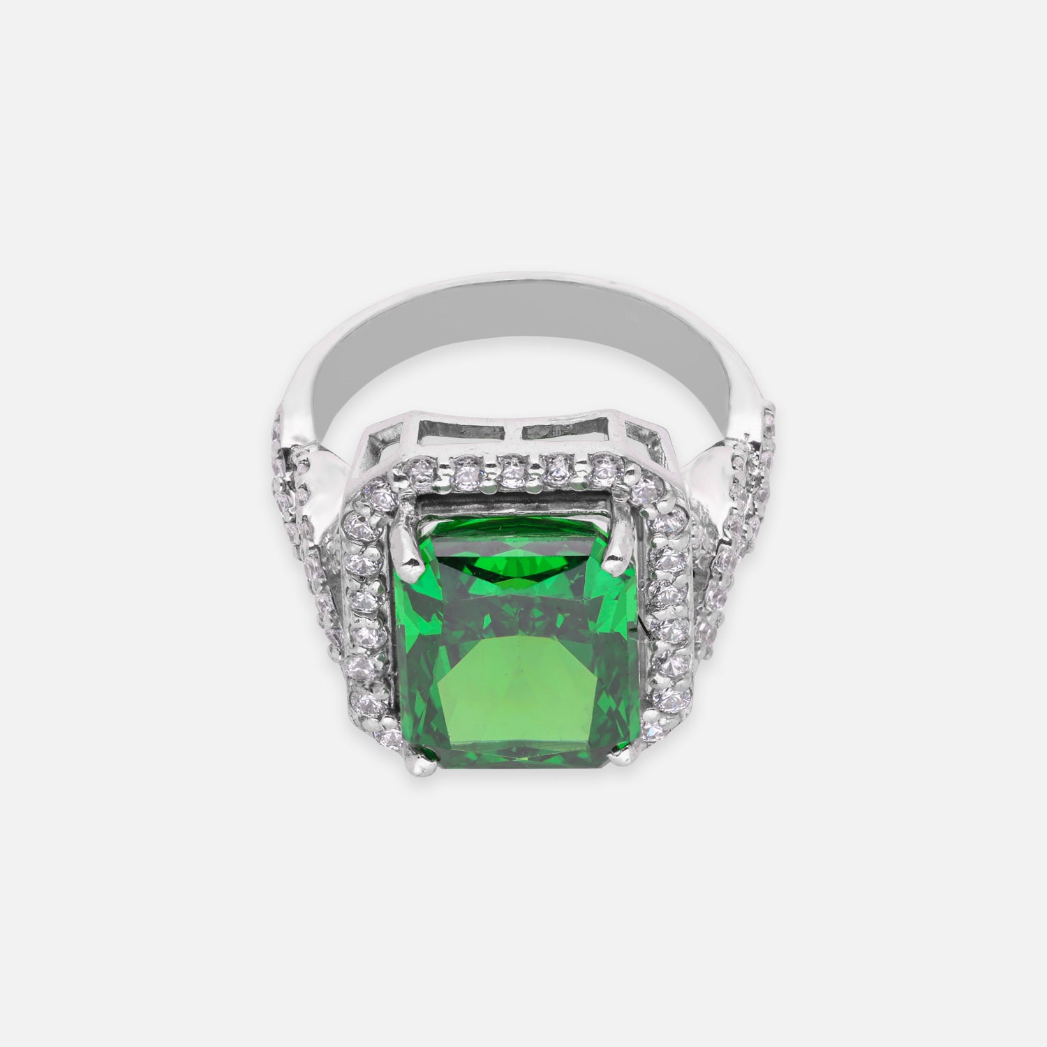 Sterling Silver Green Cushion Cut Cubic Zirconia Halo Statement Ring | SKU: 0022629128, 0005750719, 0005748143