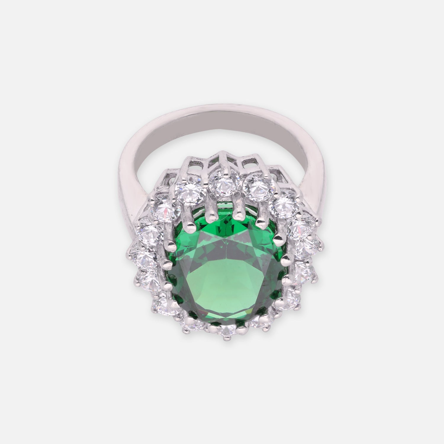 Sterling Silver Green Oval Cubic Zirconia Halo Statement Ring | SKU: 0022629135, 0005758135