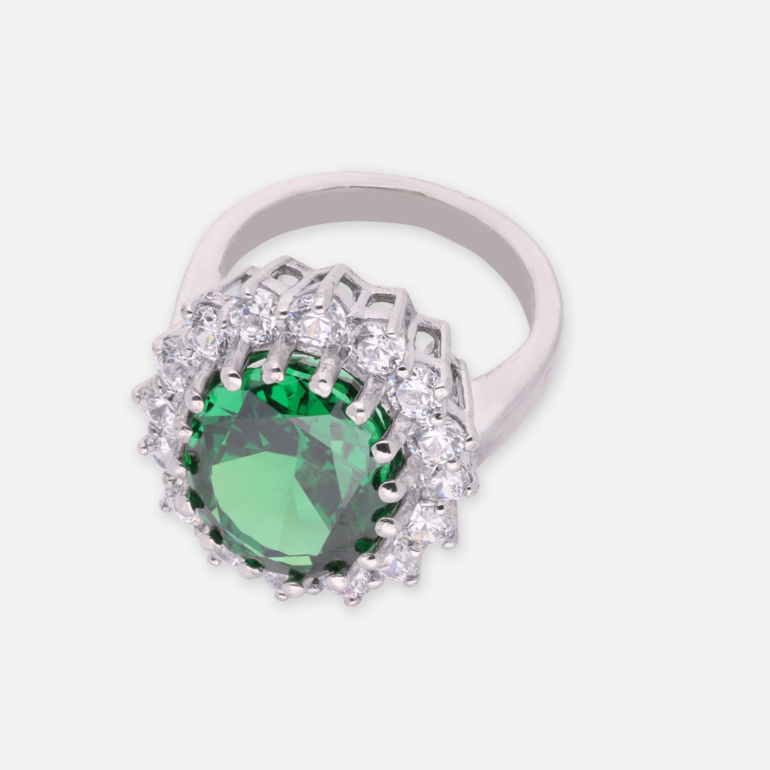 Sterling Silver Green Oval Cubic Zirconia Halo Statement Ring | SKU: 0022629135, 0005758135