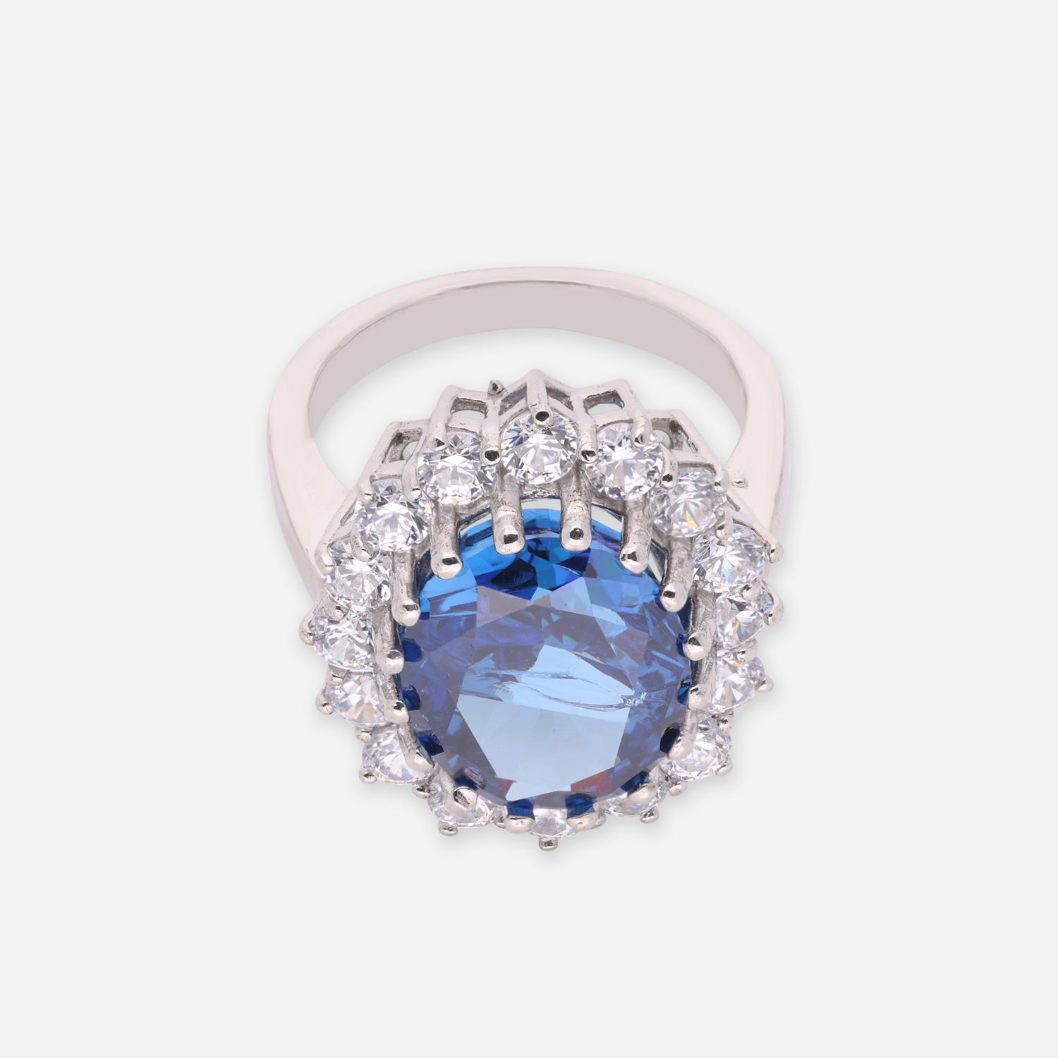 Sterling Silver Deep Blue Oval Cubic Zirconia Halo Statement Ring | SKU: 0022629159