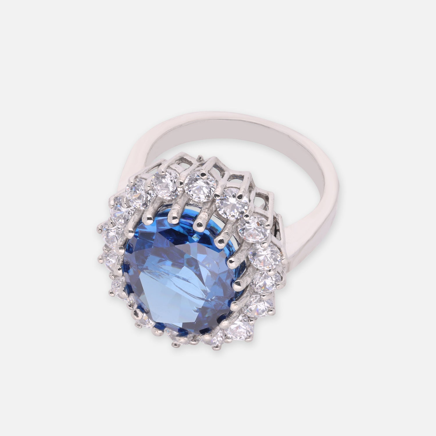 Sterling Silver Deep Blue Oval Cubic Zirconia Halo Statement Ring | SKU: 0022629159