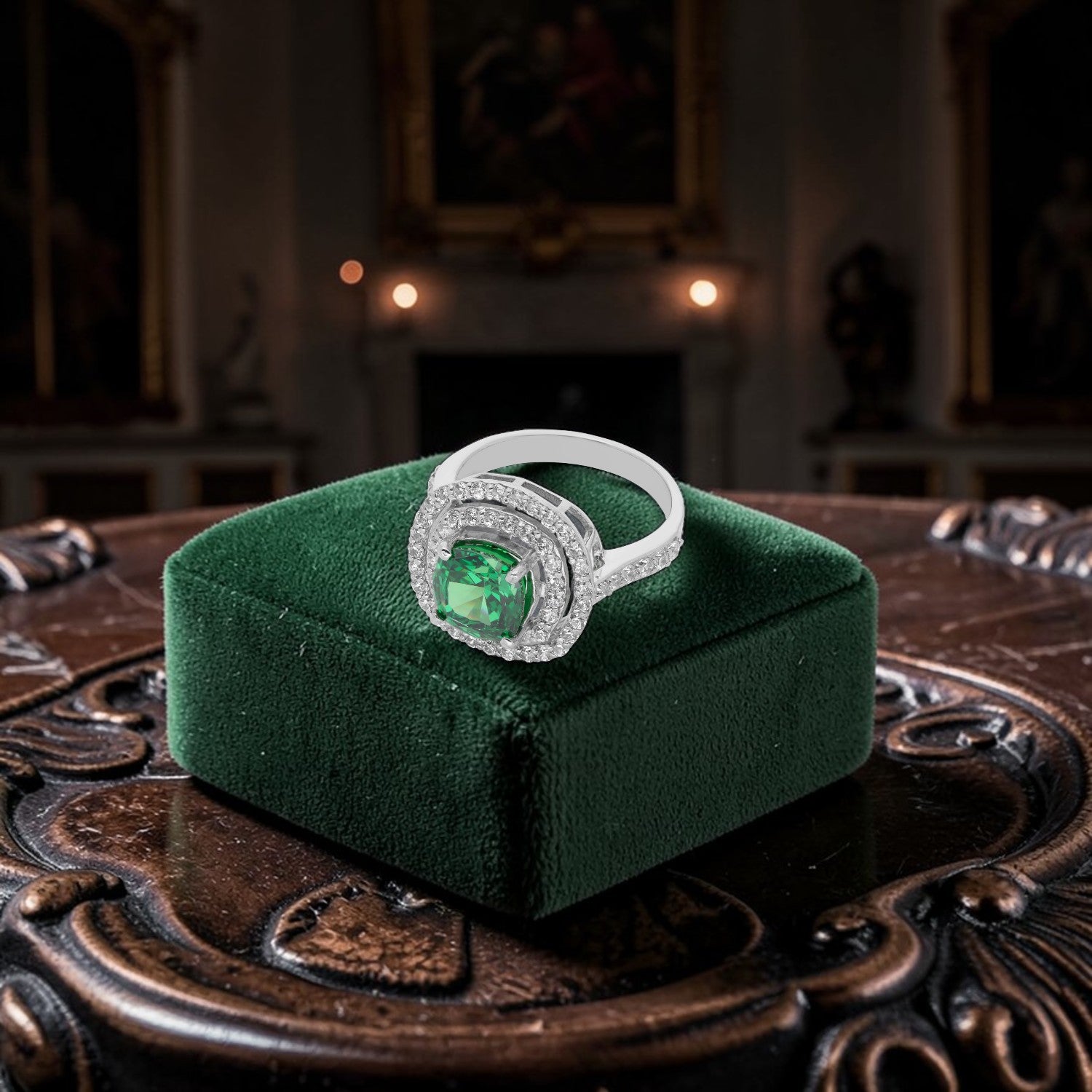 Sterling Silver Green Cushion Cut Cubic Zirconia Halo Statement Ring | SKU: 0022629180, 0005758180, 0005750795