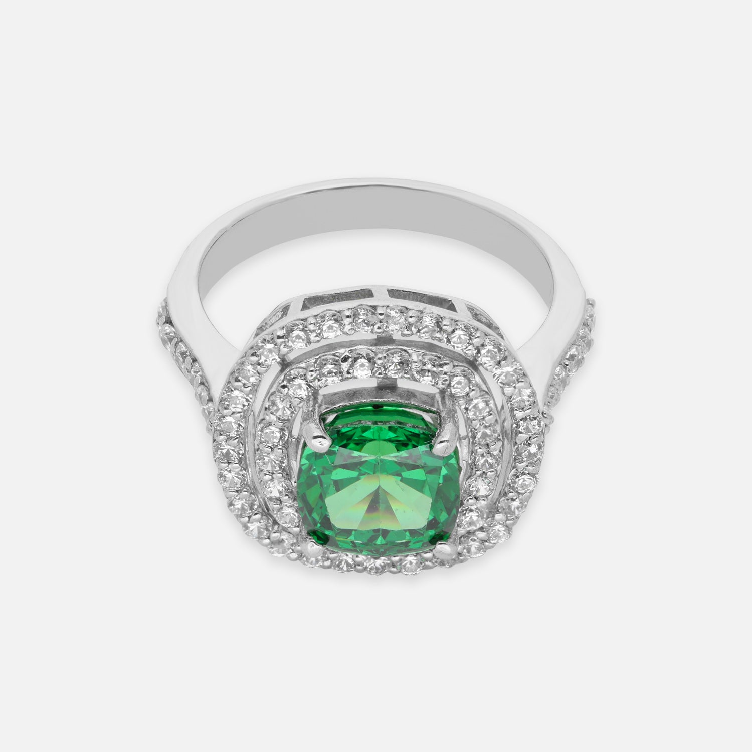 Sterling Silver Green Cushion Cut Cubic Zirconia Halo Statement Ring | SKU: 0022629180, 0005758180, 0005750795