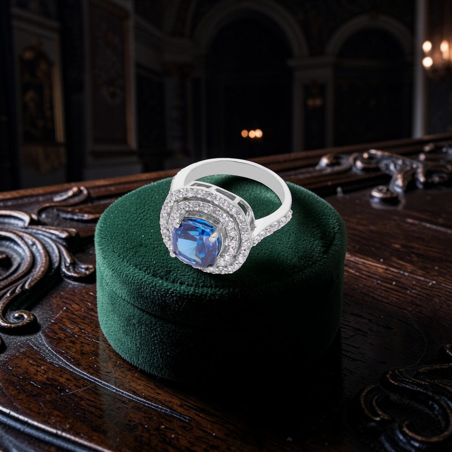 Sterling Silver Blue Cushion Cut Cubic Zirconia Double Halo Statement Ring | SKU: 0022629203, 0022629258, 0005750771