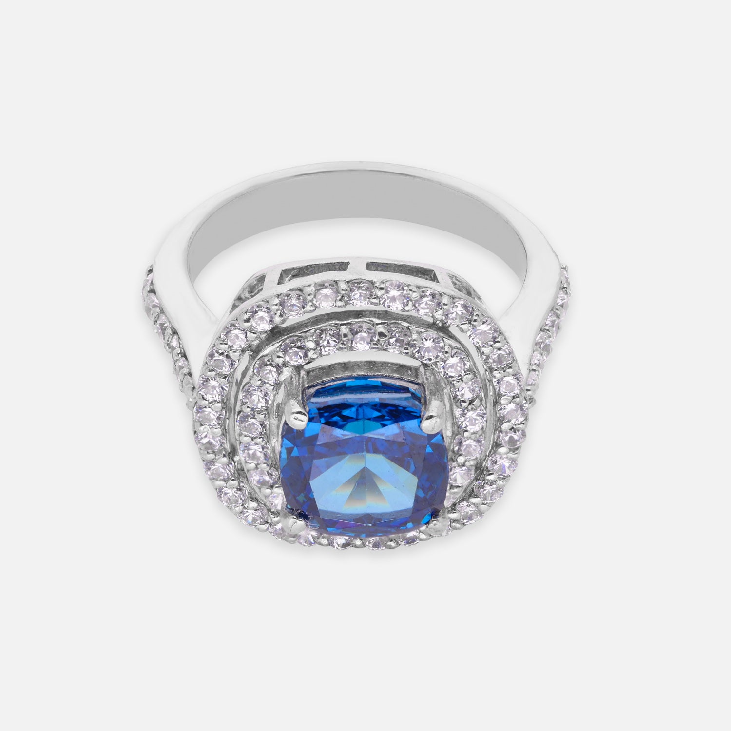 Sterling Silver Blue Cushion Cut Cubic Zirconia Double Halo Statement Ring | SKU: 0022629203, 0022629258, 0005750771