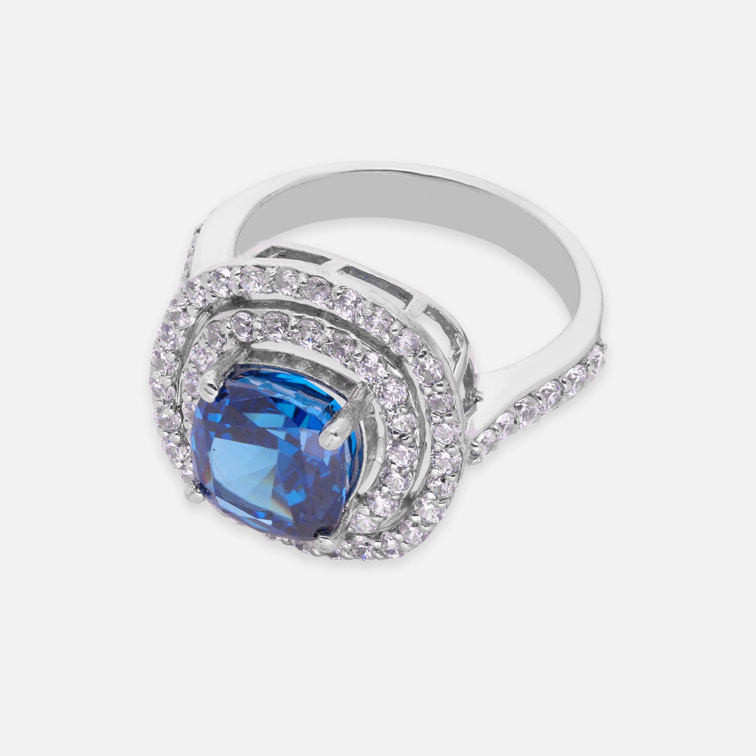 Sterling Silver Blue Cushion Cut Cubic Zirconia Double Halo Statement Ring | SKU: 0022629203, 0022629258, 0005750771