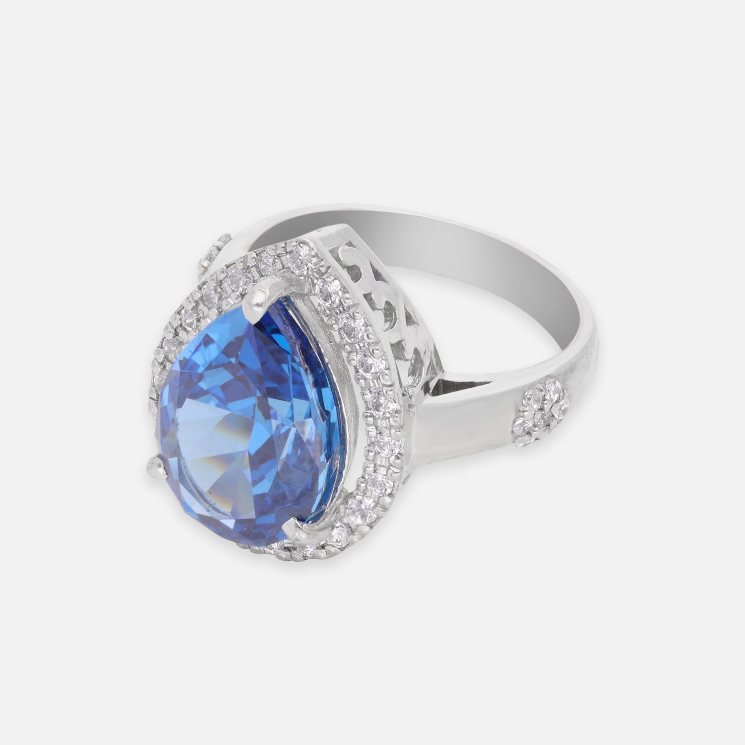 Sterling Silver Royal Blue CZ Pear Halo Statement Ring | SKU: 0022629272, 0005750863, 0005758241