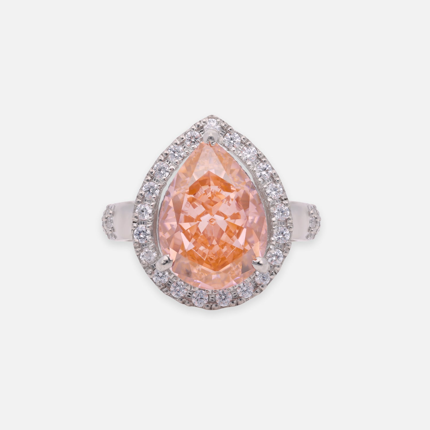 Sterling Silver Peach Cubic Zircon Pear Halo Statement Ring | SKU: 0022629289, 0005750825