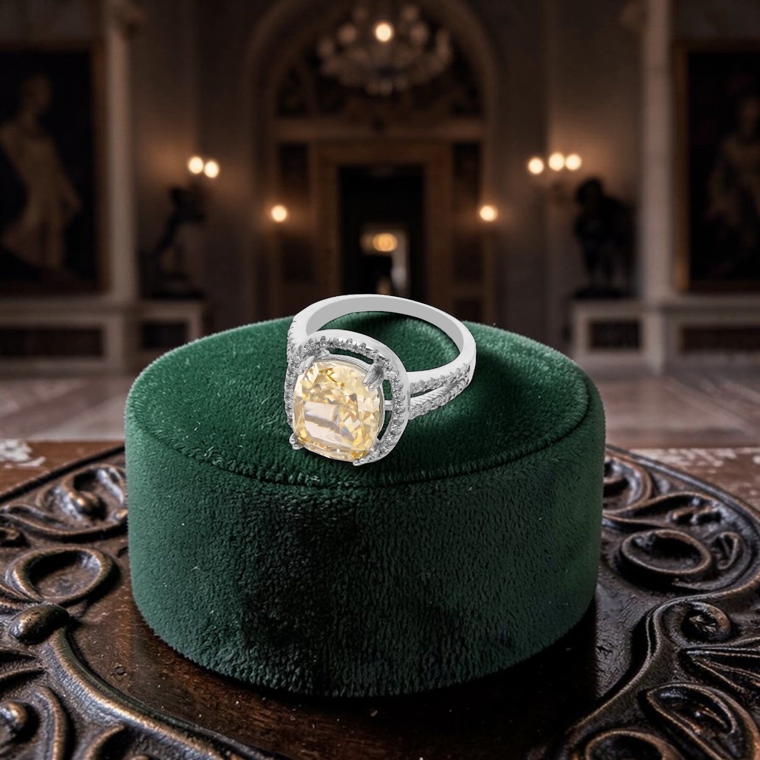 Elegant Sterling Silver Cushion-Cut Yellow Cubic Zirconia Halo Ring with Split Band | SKU: 0022629432, 0005758449, 0005751099