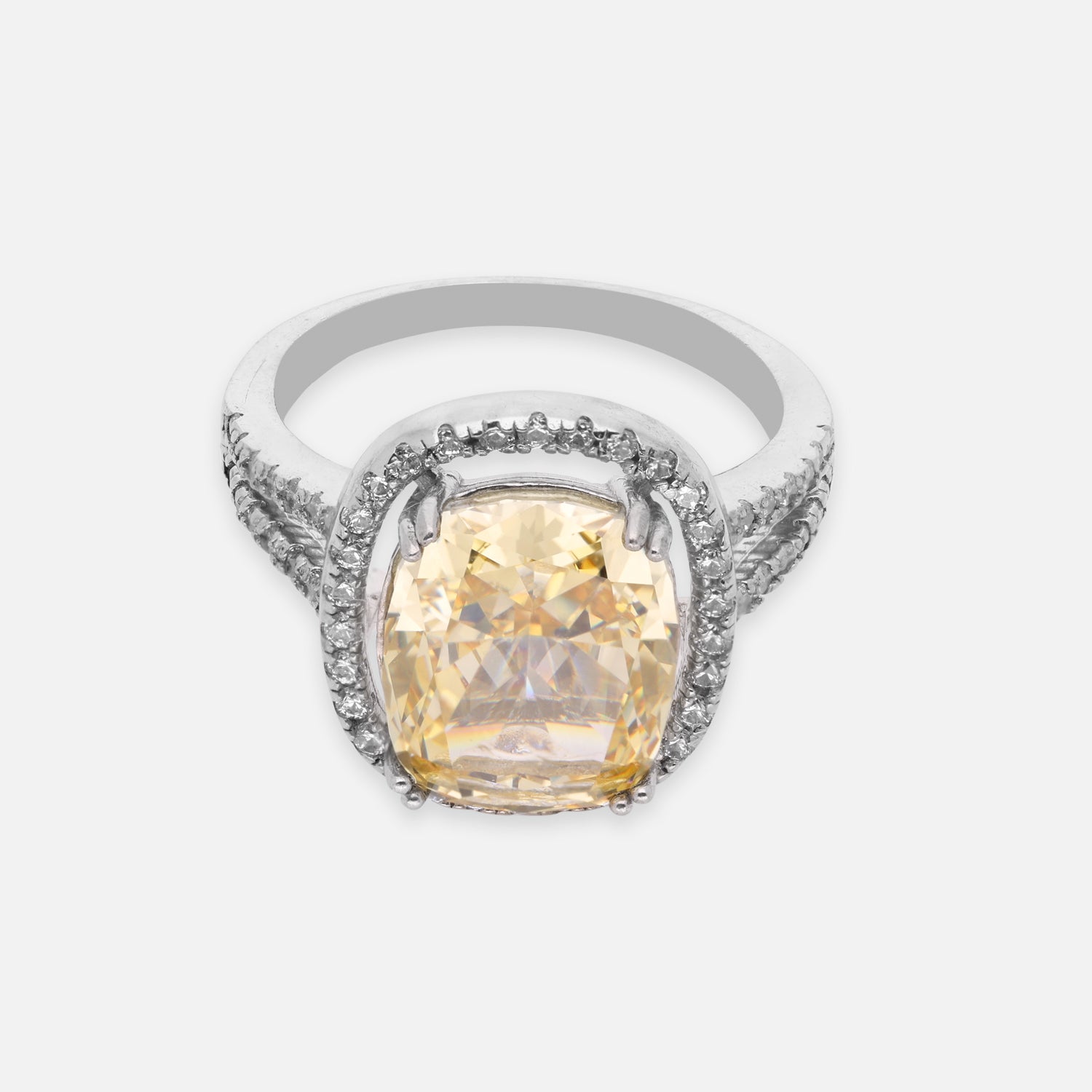 Elegant Sterling Silver Cushion-Cut Yellow Cubic Zirconia Halo Ring with Split Band | SKU: 0022629432, 0005758449, 0005751099