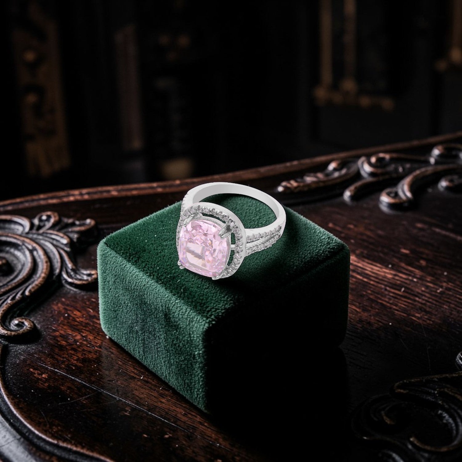 Elegant Sterling Silver Cushion-Cut Pink Cubic Zirconia Halo Ring with Split Band | SKU: 0022629449, 0005751068