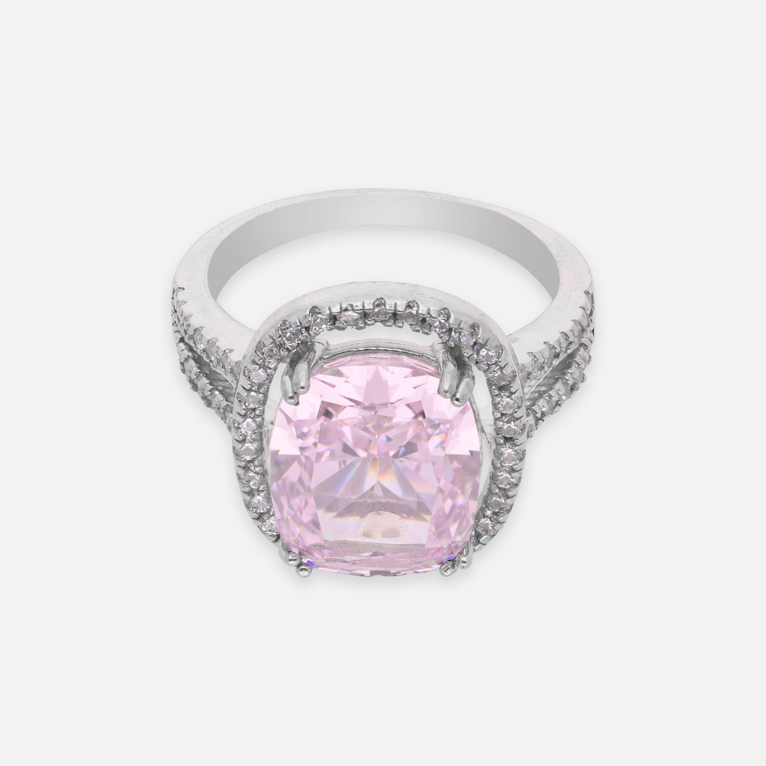 Elegant Sterling Silver Cushion-Cut Pink Cubic Zirconia Halo Ring with Split Band | SKU: 0022629449, 0005751068