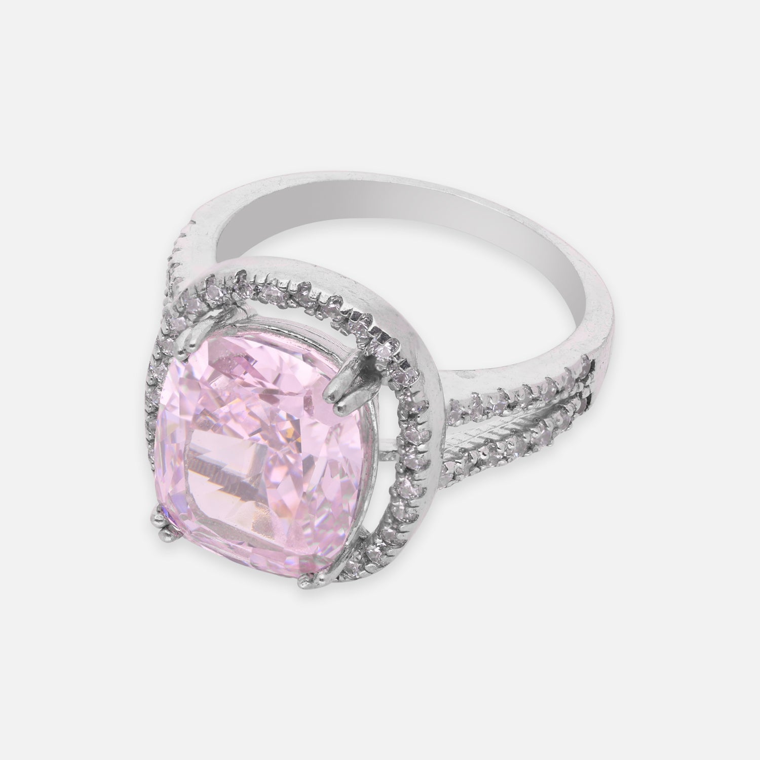 Elegant Sterling Silver Cushion-Cut Pink Cubic Zirconia Halo Ring with Split Band | SKU: 0022629449, 0005751068