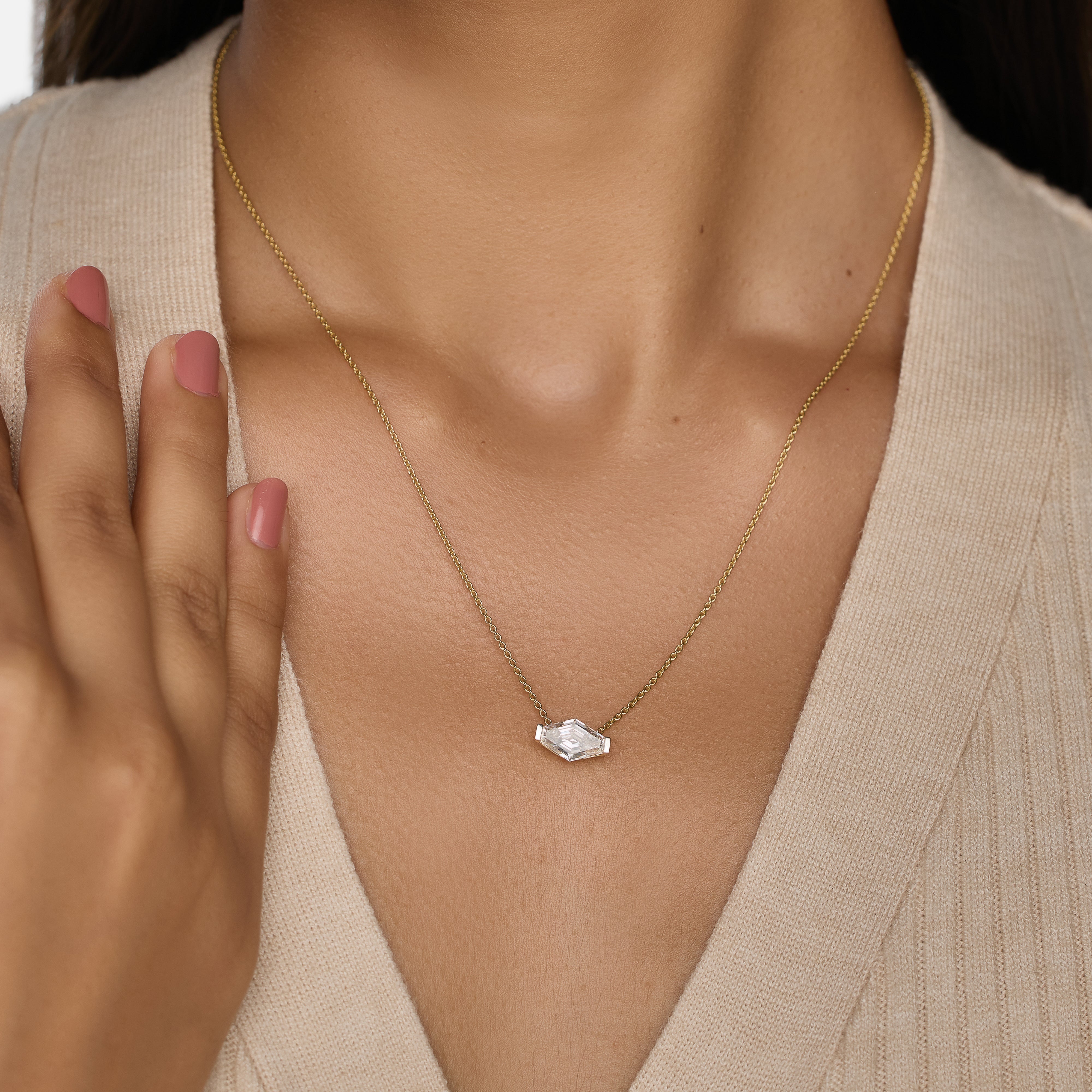 Hexagon Cut Lab-Grown Diamond Pendant on Gold Chain | SKU : 0021912771