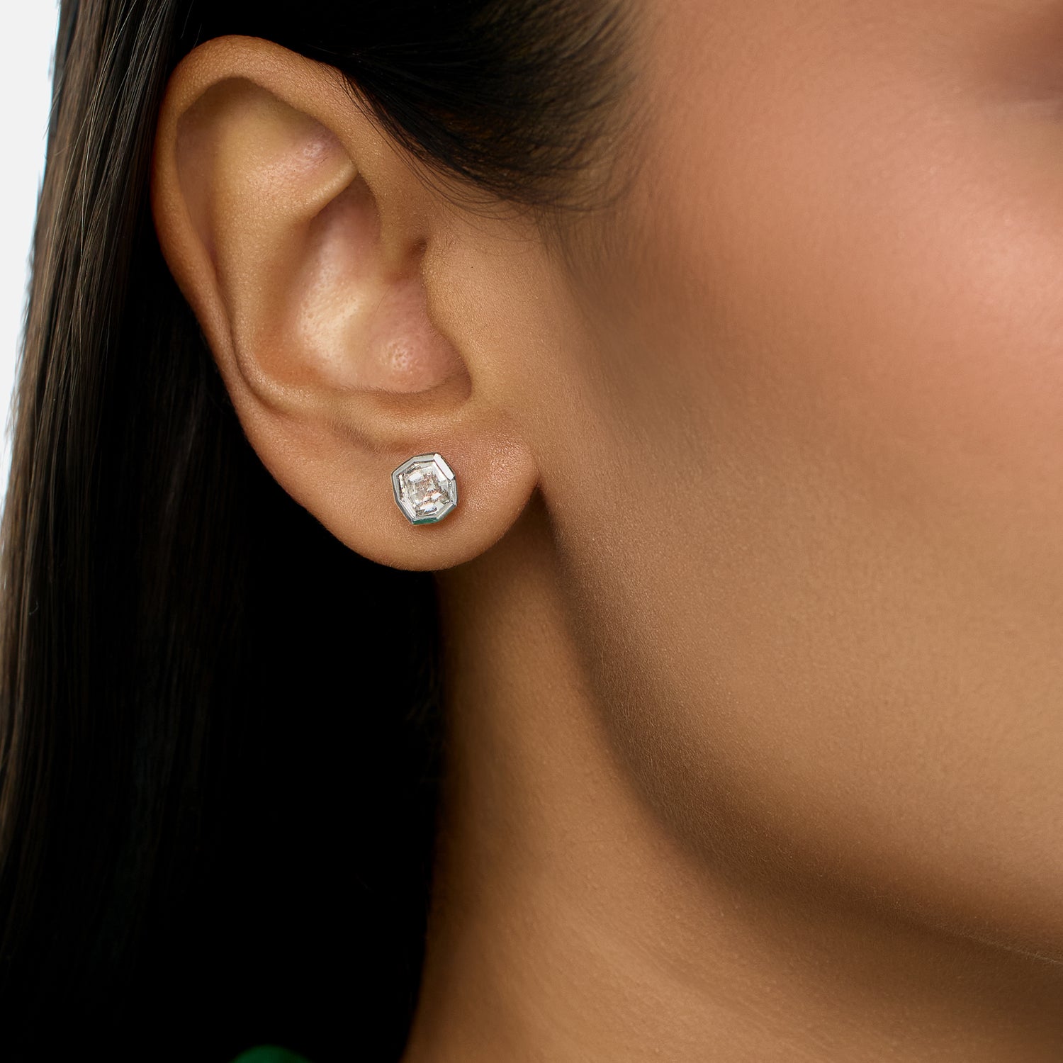Gold Stud Earrings with Cushion-Cut Lab-Grown Diamonds in Hexagon Bezel Setting | SKU : 0021911620