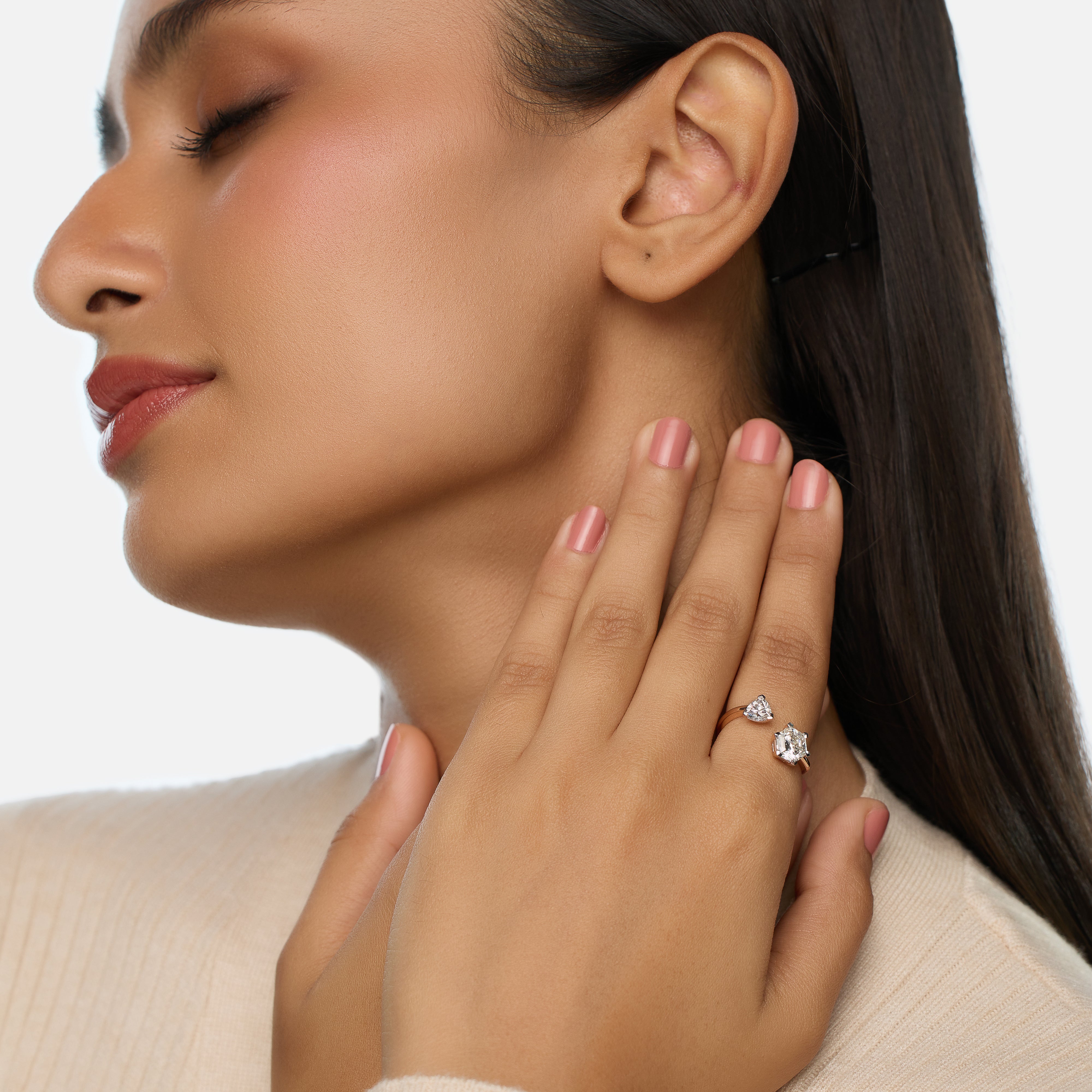 Gold Ring Set with Hexagon Brilliant and Trillion Step Cut Lab-Grown Diamonds | SKU:0021920233