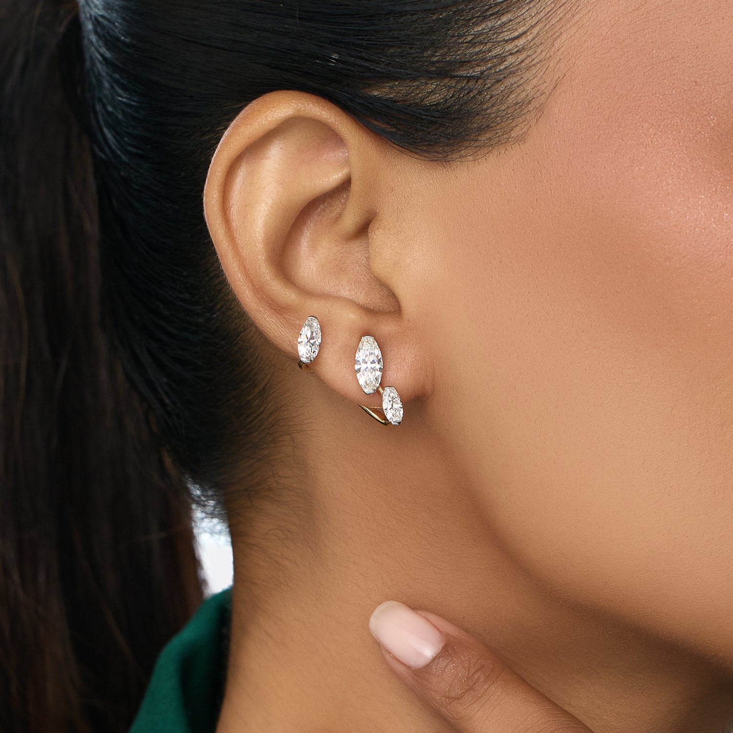 Gold Stud Earrings with Triple Roval Cut Lab-Grown Diamonds | SKU : 0021918124