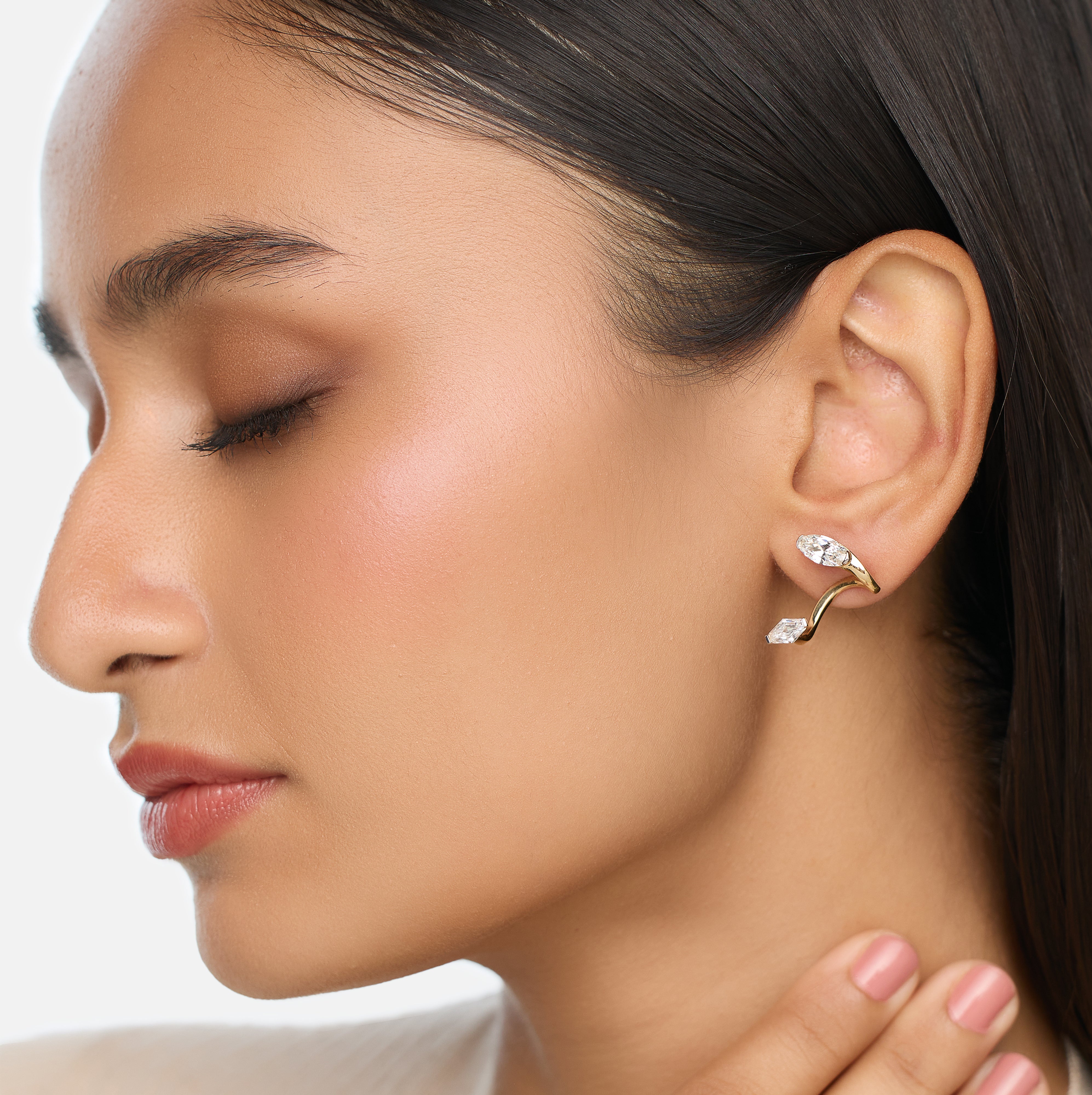 Gold Stud Earrings with Lozenge Blunt and Roval Cut Lab-Grown Diamonds | SKU : 0021918117