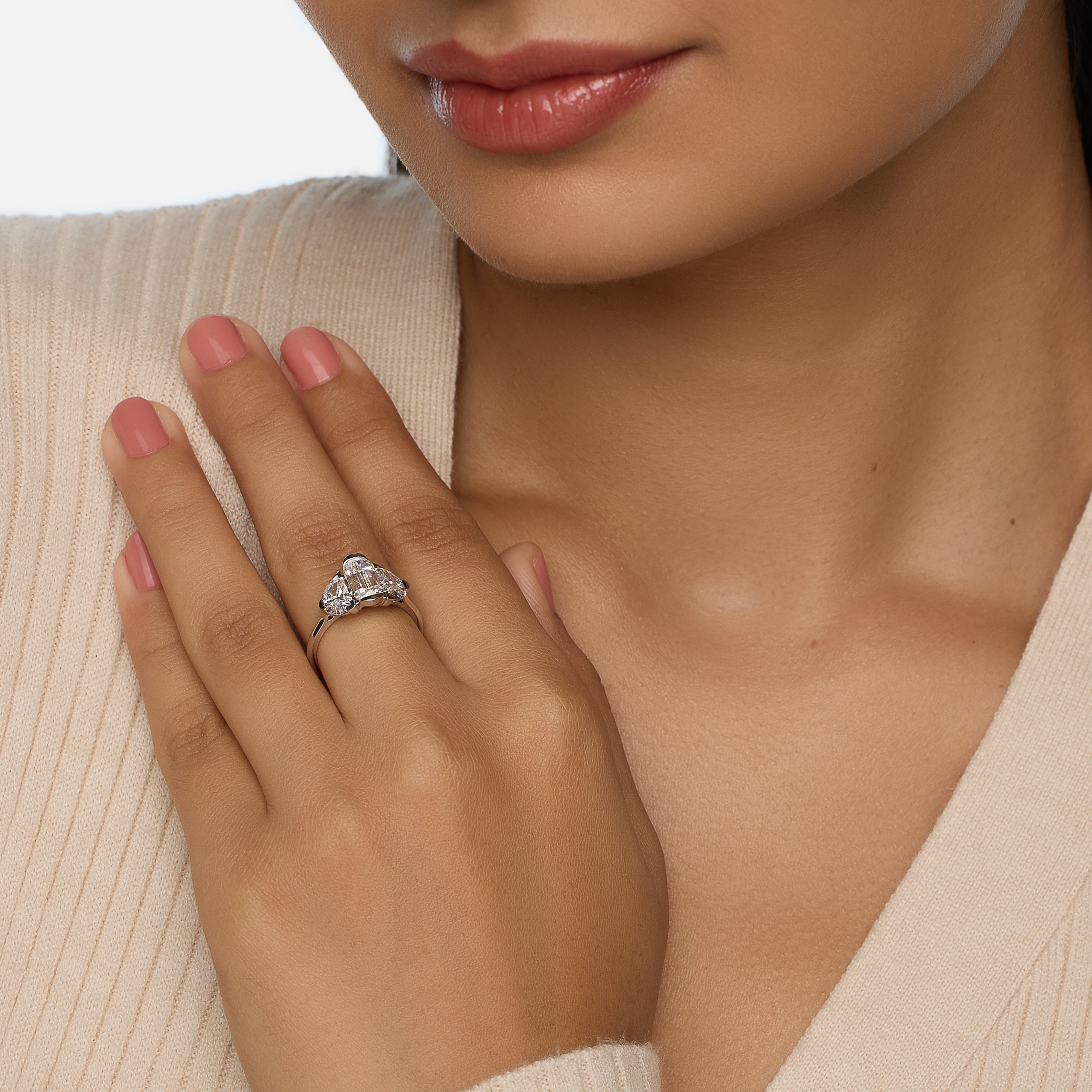 White Gold Ring with Half-Moon and Cushion Cut Lab-Grown Diamonds | SKU : 0021963797