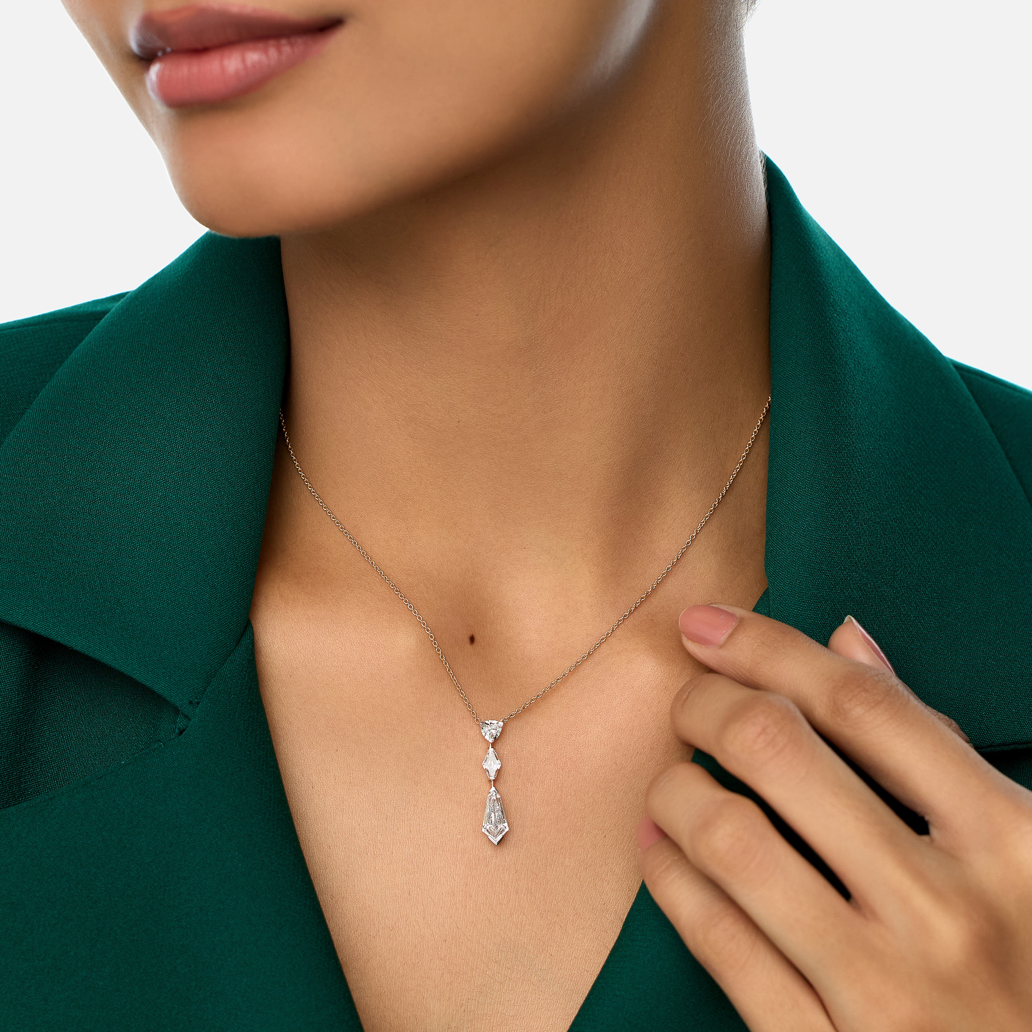 Gold Pendant Necklace with Trillion & Shield Cut Lab-Grown Diamonds in Vertical Drop Design | SKU : 0003759615