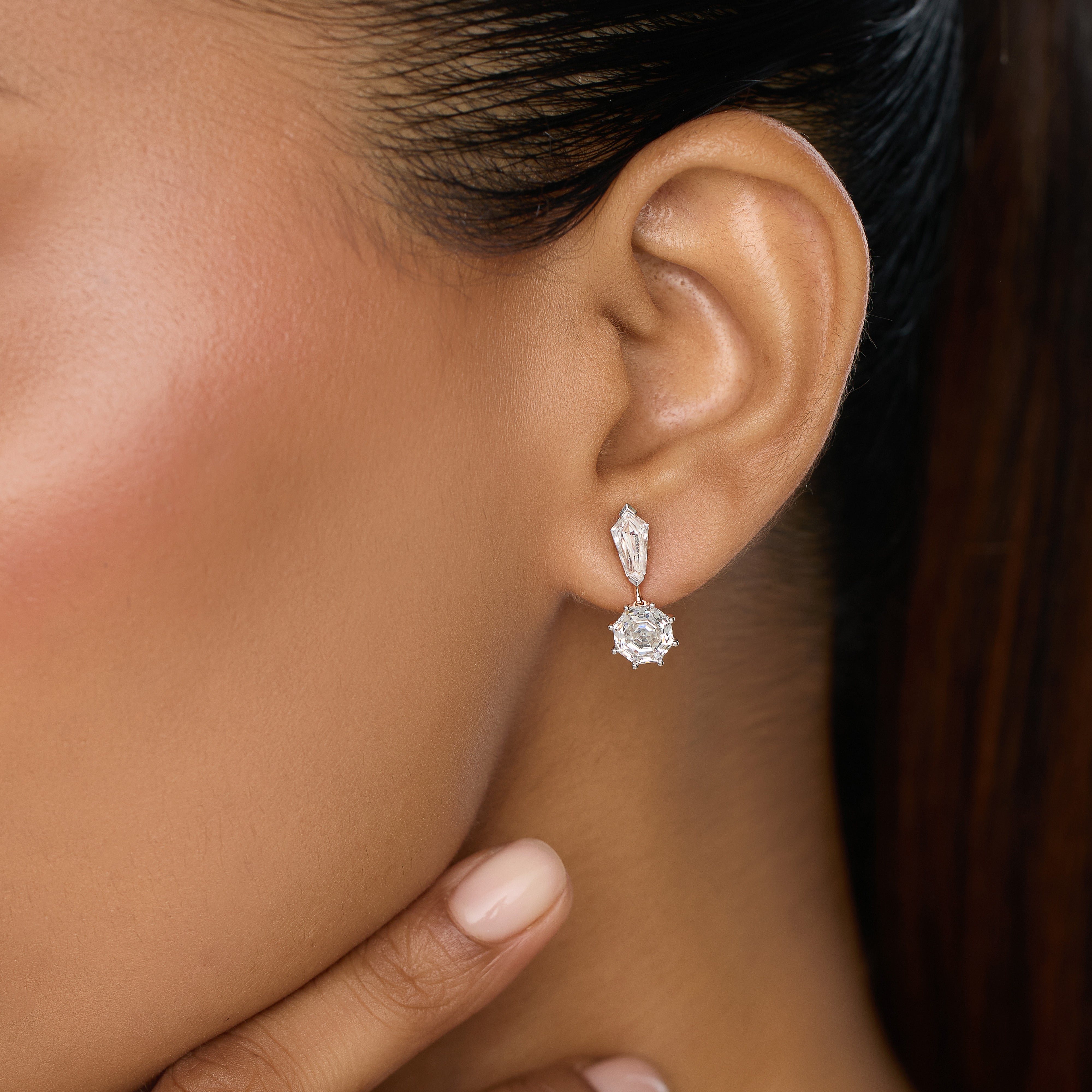 Rose Gold Drop Earrings with Octagon Step Cut and Tie Narrow Pointed-Cut Lab-Grown Diamonds | SKU : 0003759677