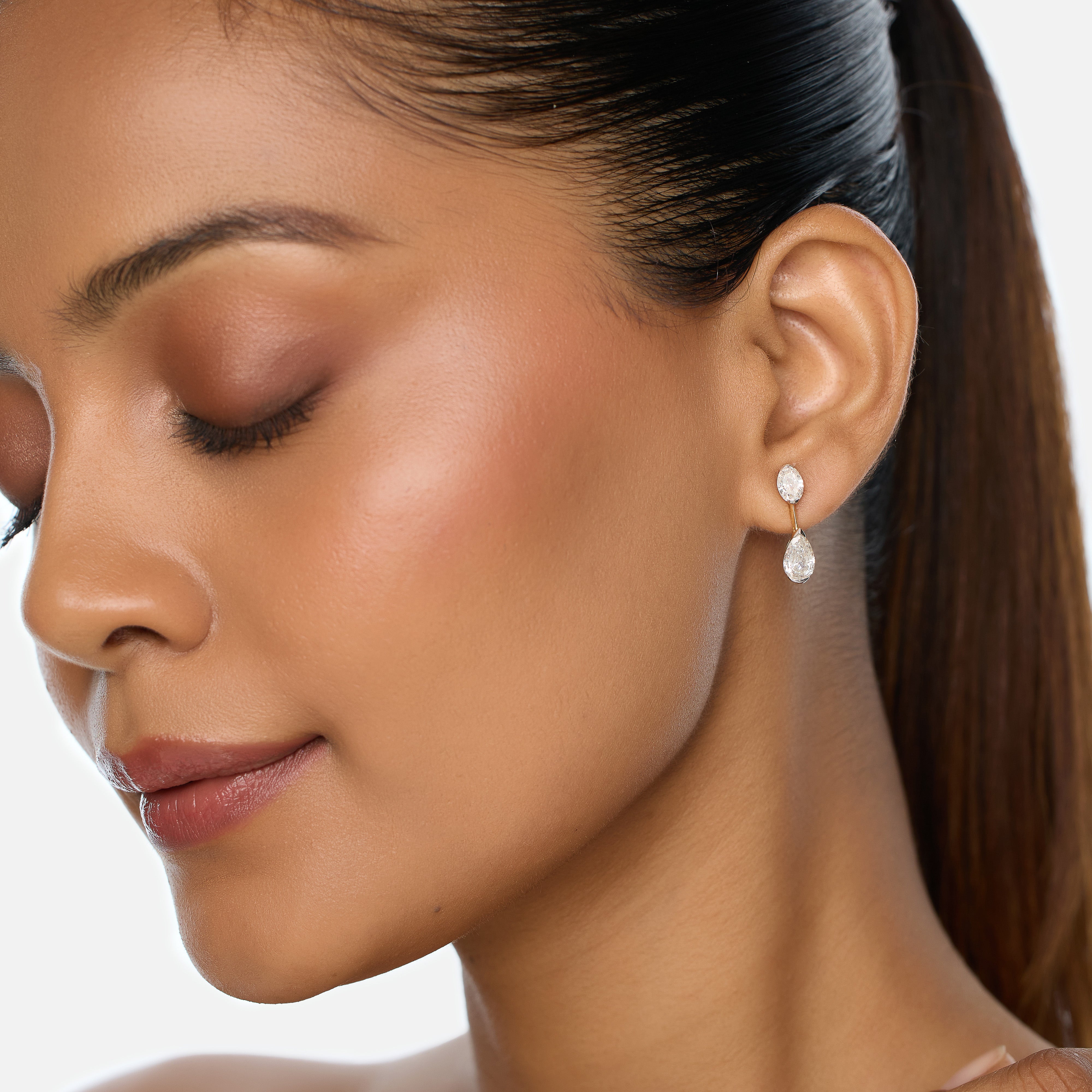 Oval Step Cut & Pear Step Cut Lab-Grown Diamond Drop Earrings in Yellow Gold |  SKU : 0021918087